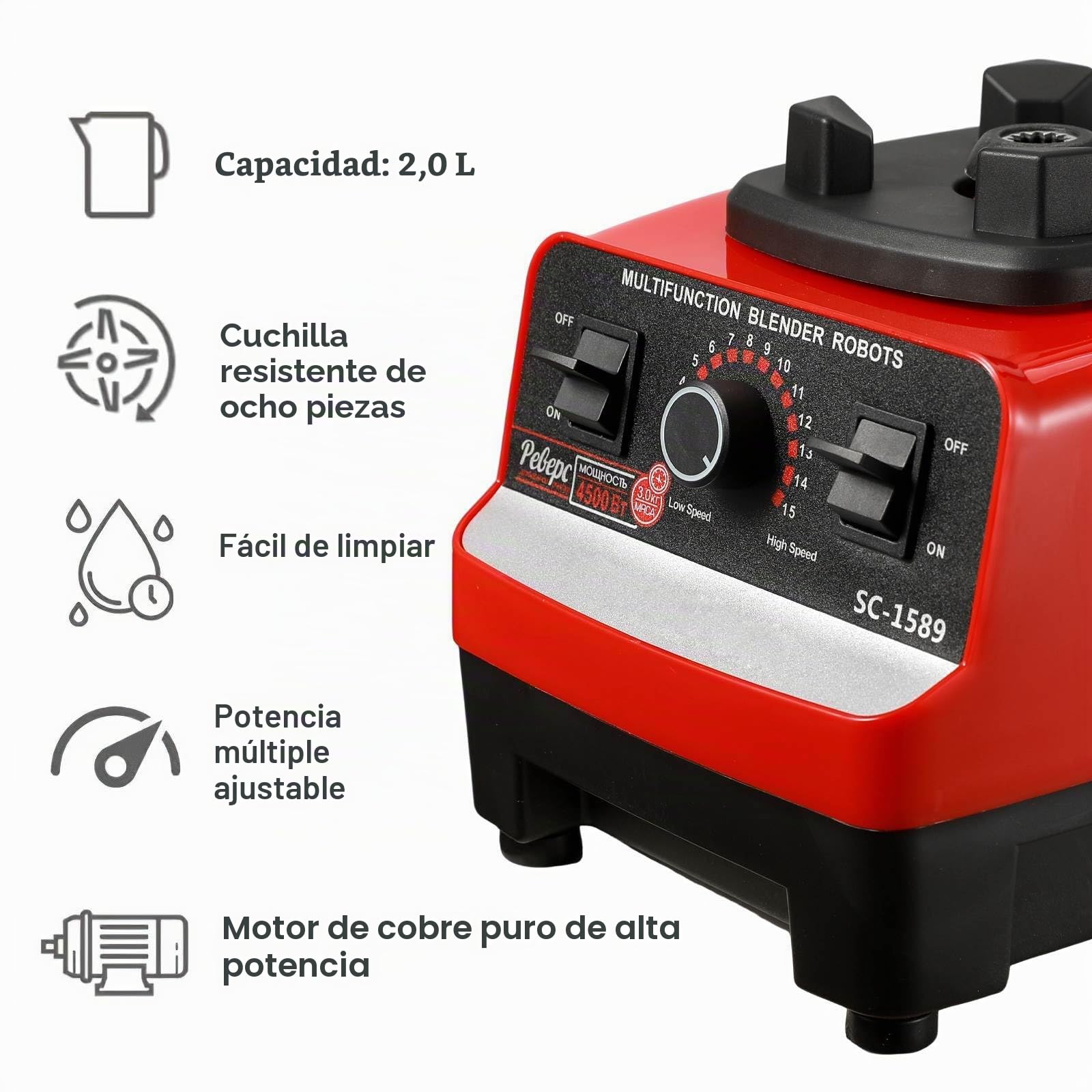 Batidora de Vaso de 2000W, 2 en 1Profesional Licuadora de 2L, Licuadoras Para Zumos y Batidos con 6 Velocidades, Cuchillas 4 Filos de acero inoxidable Blender,Función de Limpieza Automática