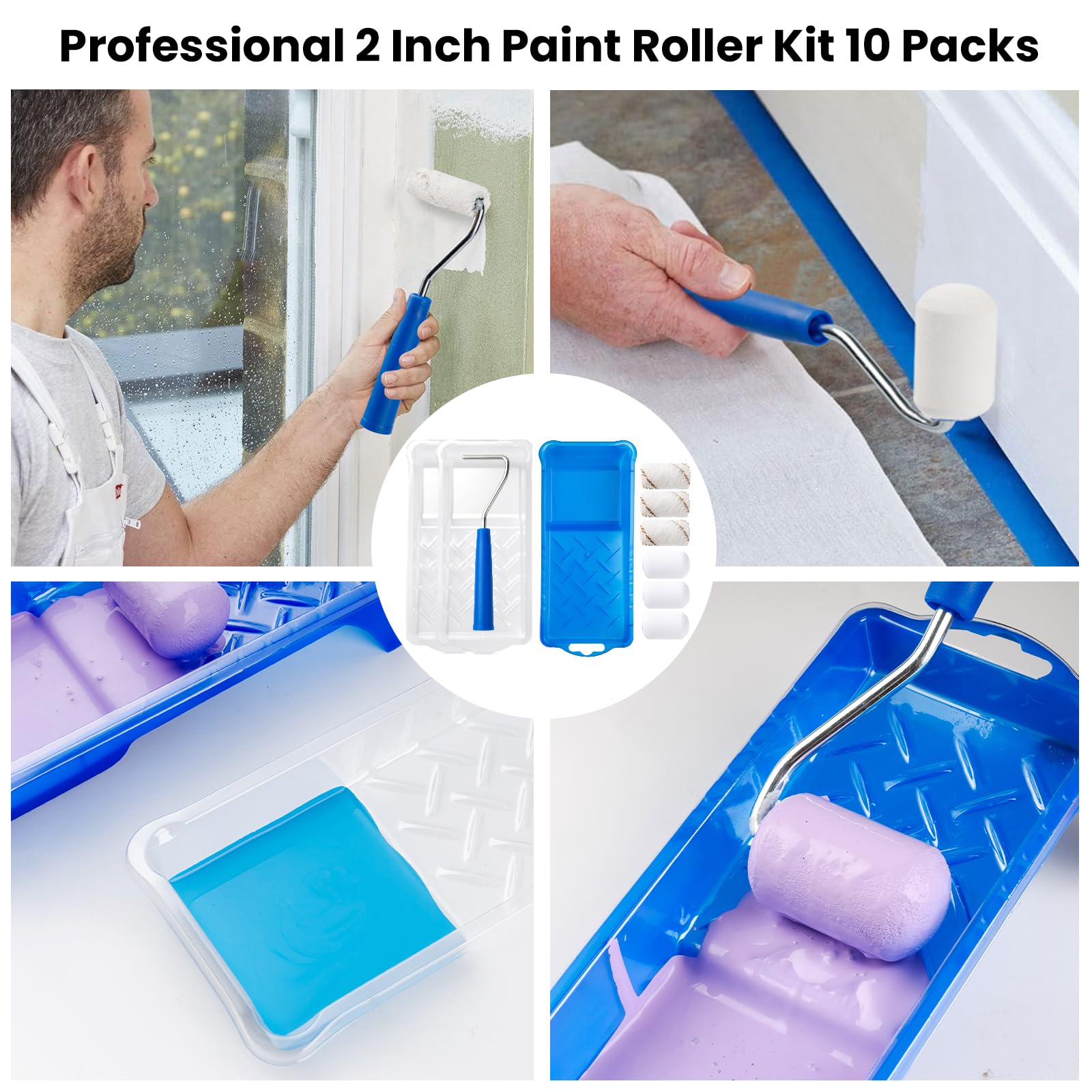Mister Rui 2 Inch Paint Roller Set, Paint Tray, Small Paint Roller