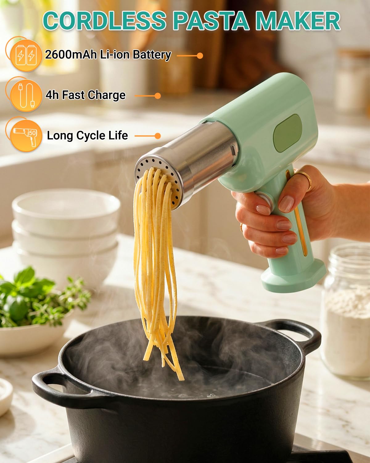Macchina per la pasta, macchina elettrica portatile per pasta, riempitrice per salsicce, macchina per noodle senza fili all-in-one, con stampi per modellare gli accessori (verde)