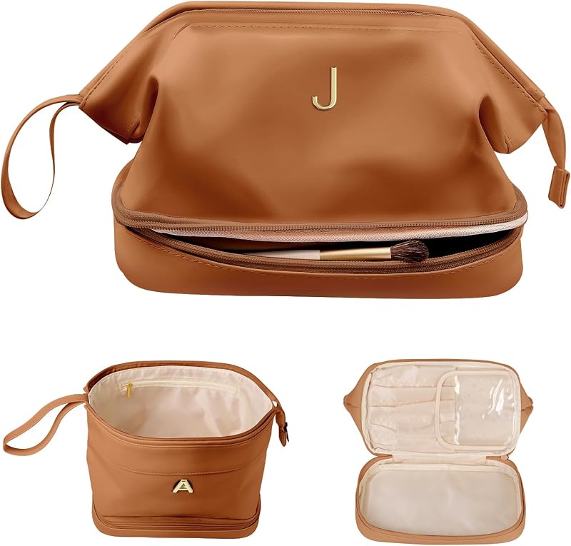 Necessaire de maquiagem Vogewood personalizada com inicial, dupla camada e organizador de pincéis