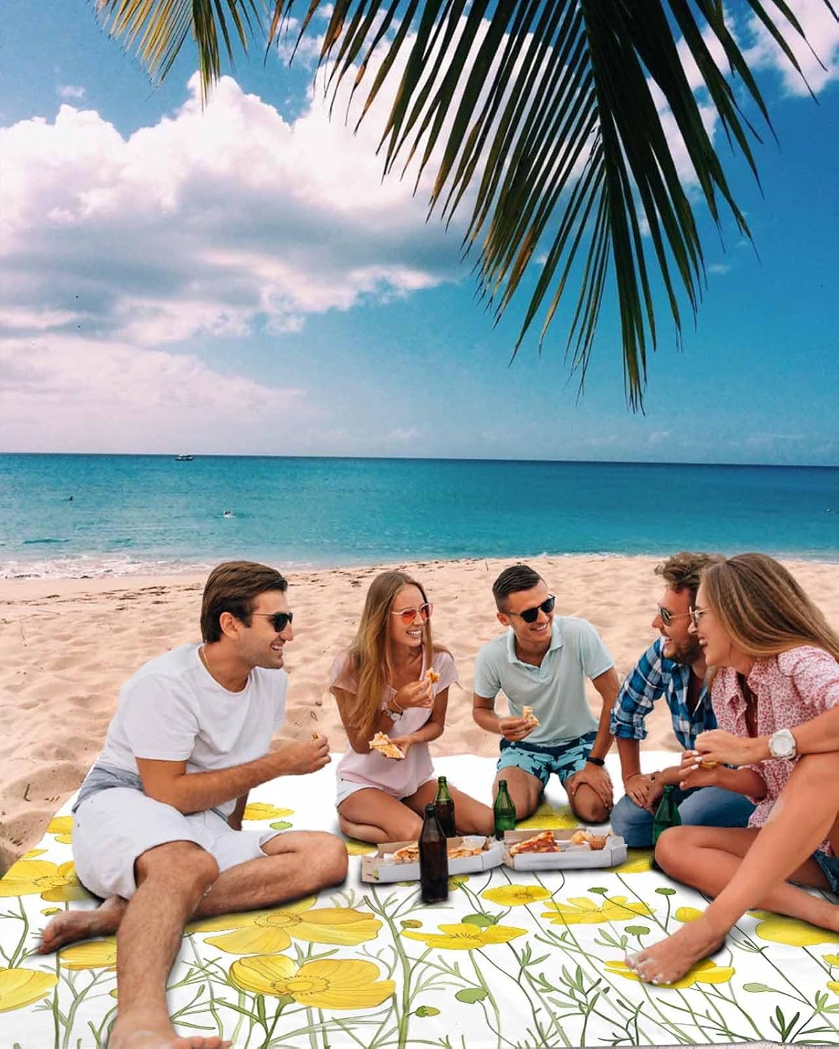 Watercolor Yellow Blossom Flower Beach Blanket Waterproof Sandproof Outdoor Picnic Mat 83"x79" Garden Floral Plant on White Lightweight Large Beach Blankets with 4 Stake & 4 Corner Pockets