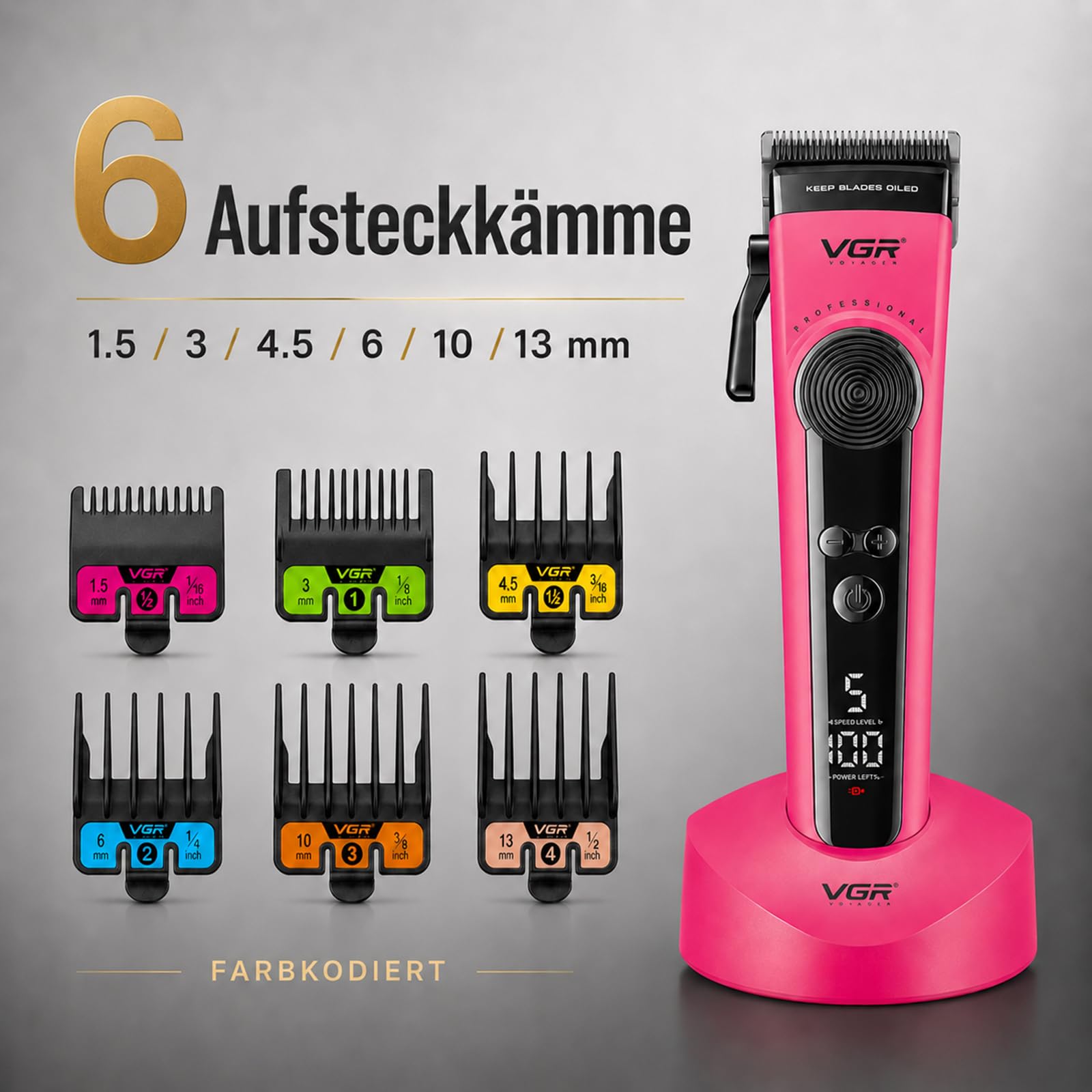 VGR 199 Haarschneidemaschine Profi Mit Einstellhebel,Geschwindigkeitsregler | Kabelloser Haarschneider Mit Ladestation, Clipper Haarschneider Mit Keramikklingen, 6 FüHrungskamm, LED-Display