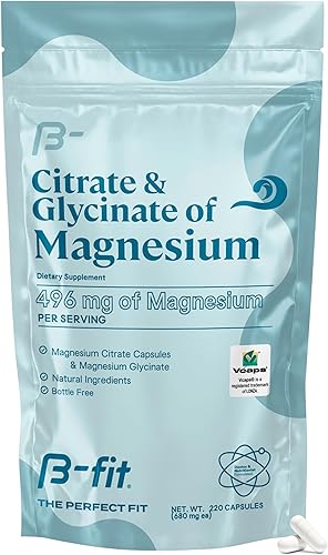 Glicinato de magnesio y citrato - 220 cápsulas - Suplemento de magnesio - 496 mg de magnesio elemental - Apoya el sueño y la recuperación muscular -