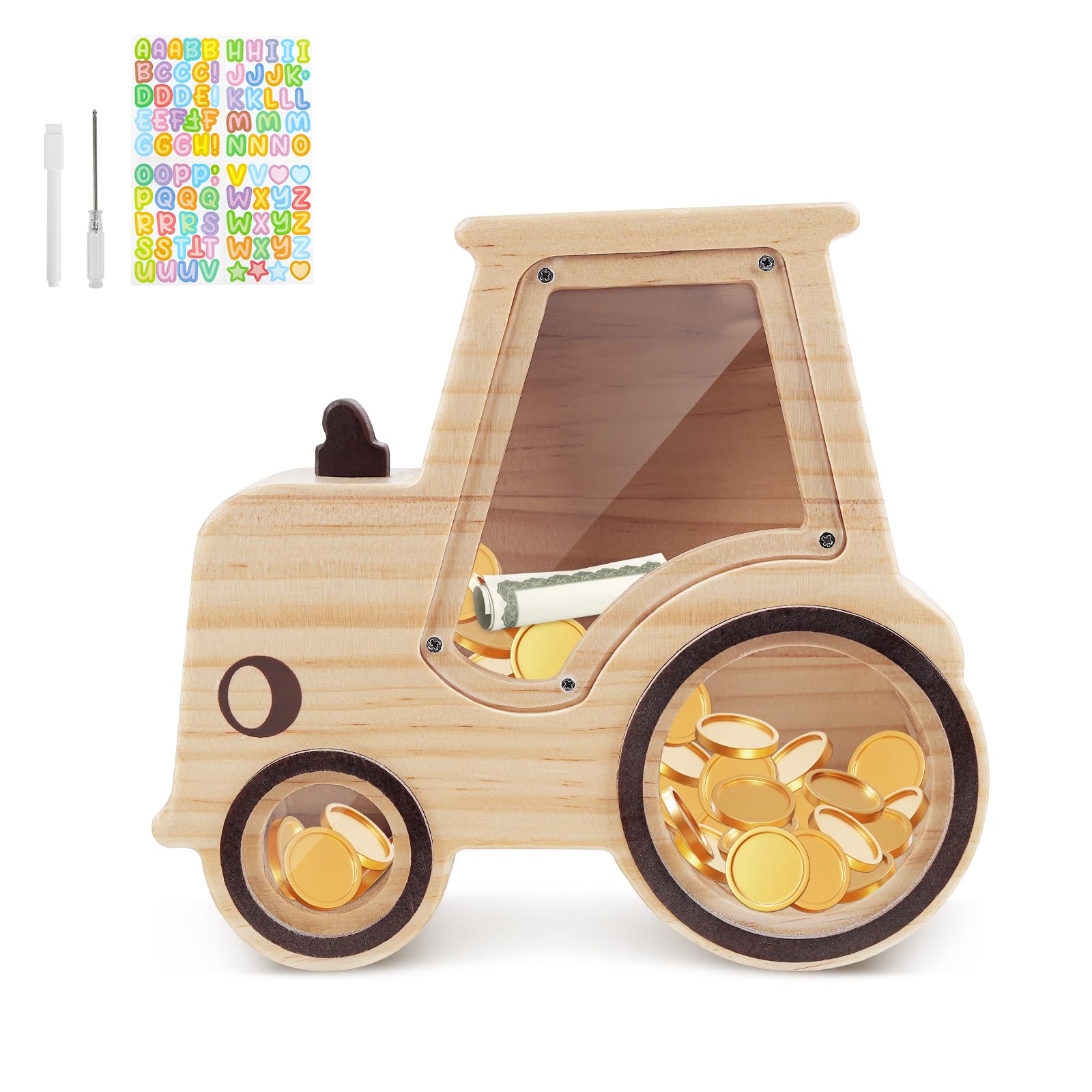wooshwa Tractor Piggy Bank for Kids, Wooden Money Bank for Boys Girls Toddler, Unbreakable Bills and Coins Cash Box, Creative Saving Money Jar