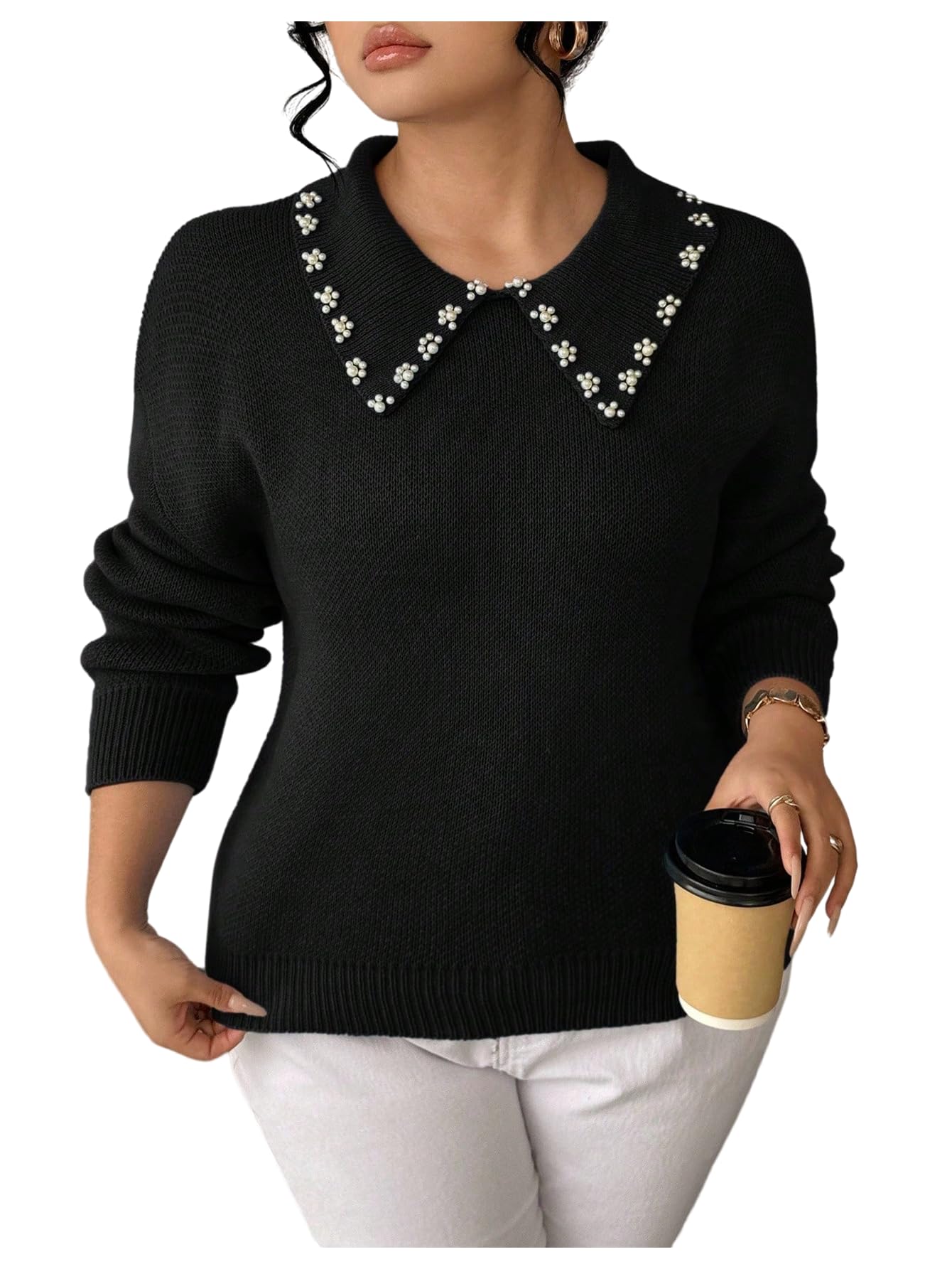 SOLY HUX Womens Plus Size Sweater Beaded Doll Collar Long Sleeve Knit Pullover Tops