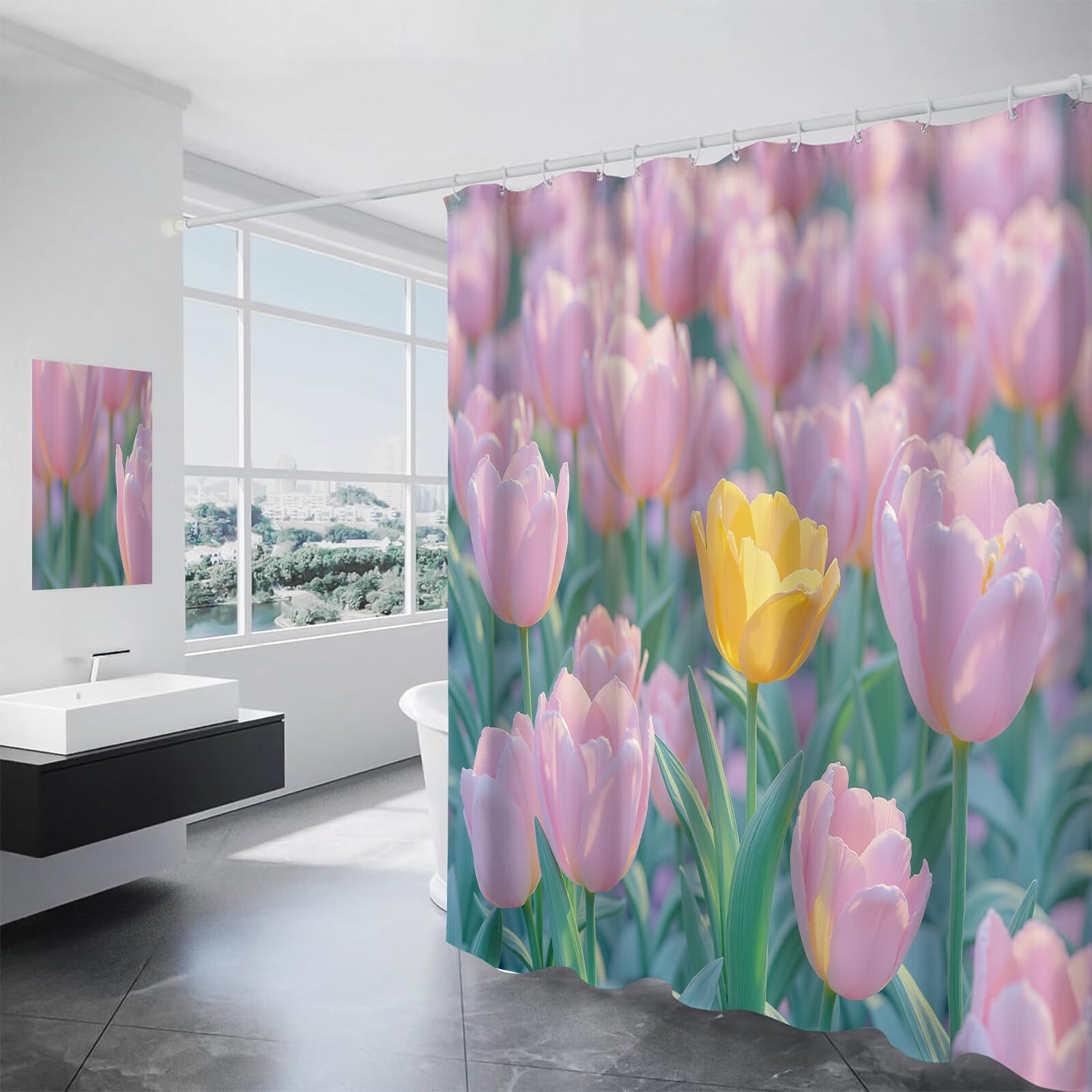 Rideau Douche,Rideau Baignoire Lavable en Machine Rideaux Douche Tissus Lavable Rideau De Baignoire Lavable pour Salle De Bain Domicile Baignoire Famille,Champs De Tulipes,