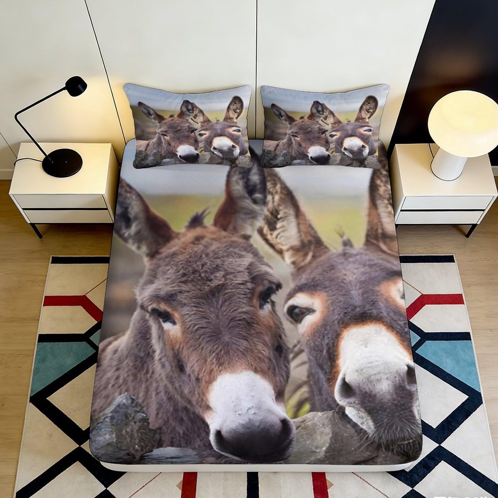 3D Printed Donkey Animal Fitted Sheet Microfiber Soft Breathable Cartoon Farm Mattress Cover for Bedroom Guestroom Decor 90x200x25cm