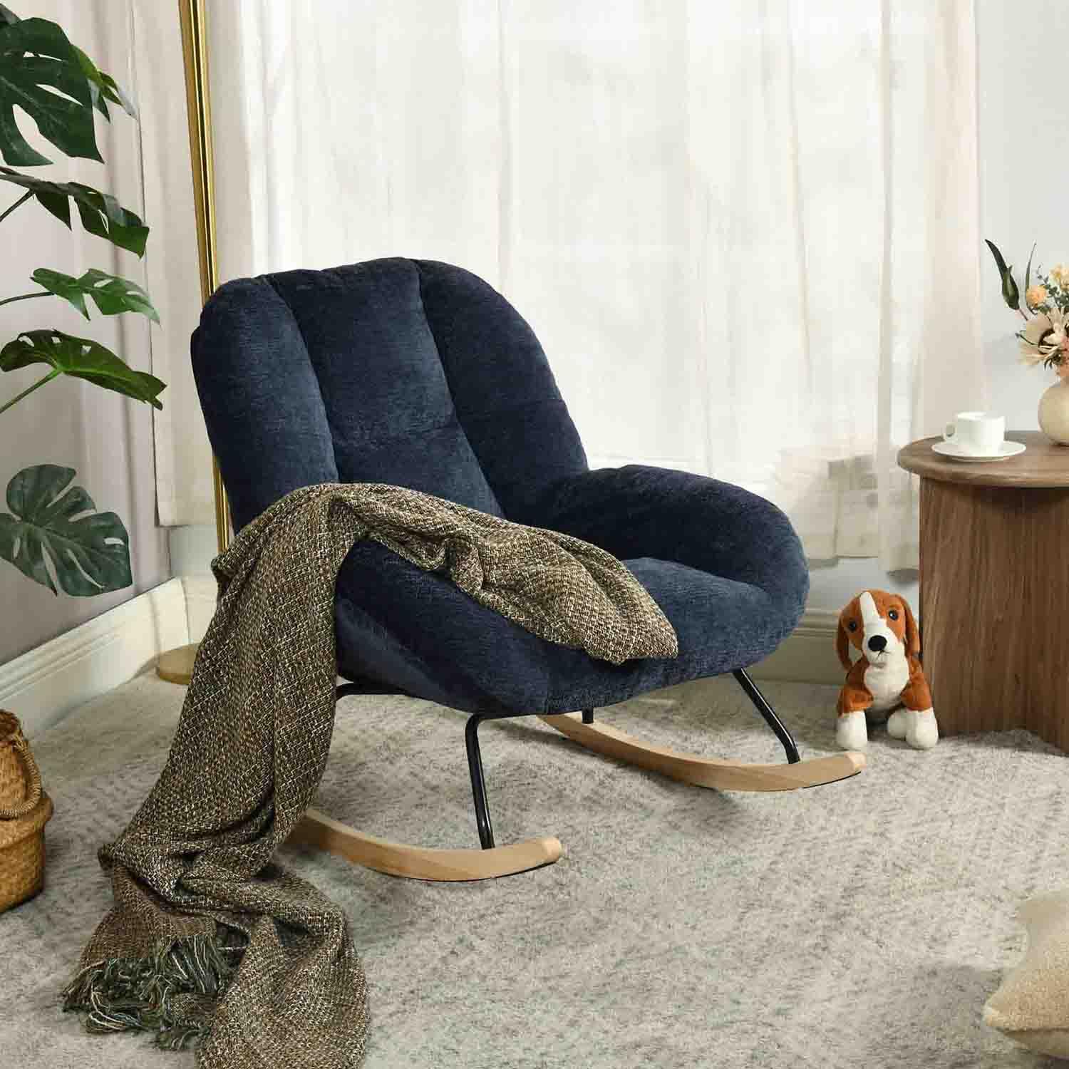 MEUBLE Cosy Sillas Mecedora Escandinavo Sillón Relax Especial Lactancia para Salón Dormitorio Lectura Sala de Estudio, Asiento Extra Ancho en Tela Chenilla, Azul