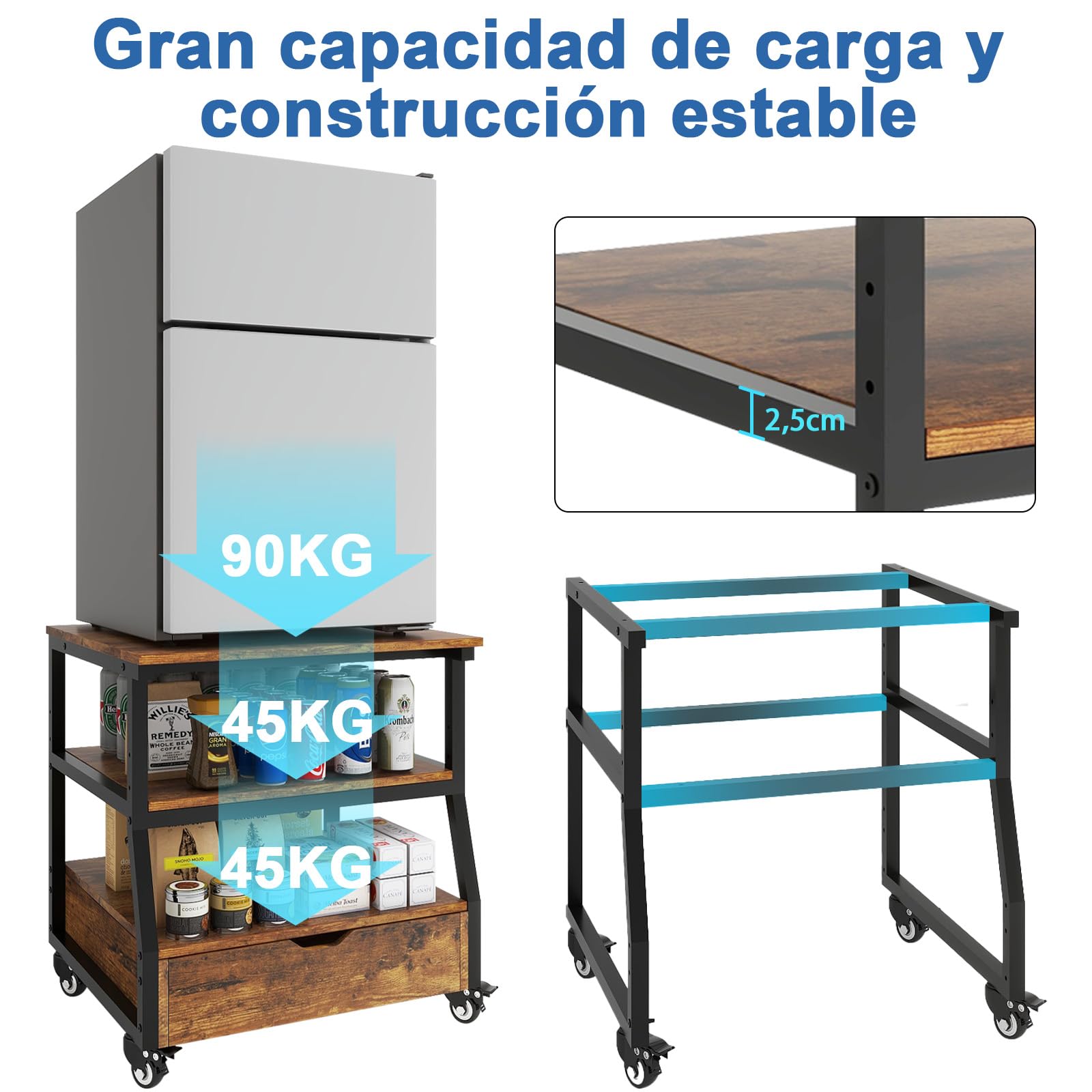 PUNCIA Soporte de 3 Niveles para Mini Nevera Mueble Estante de Frigorífico con Ruedas Organizador Móvil con Cajón Plataforma para Refrigerador Cocina Salón Oficina