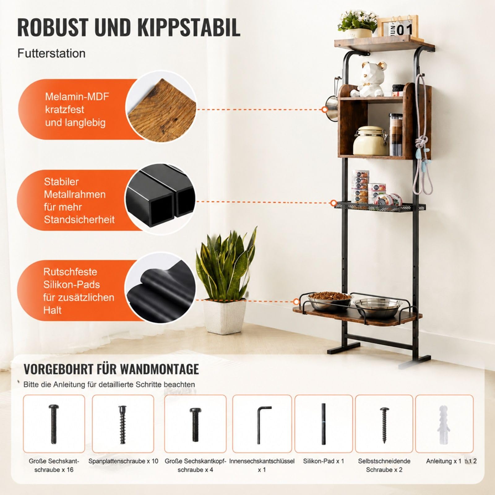Verstellbare erhöhte Futterstation für Hunde mit Napfhalter und Ablagefach, Haustier-Fressplatz für Zuhause