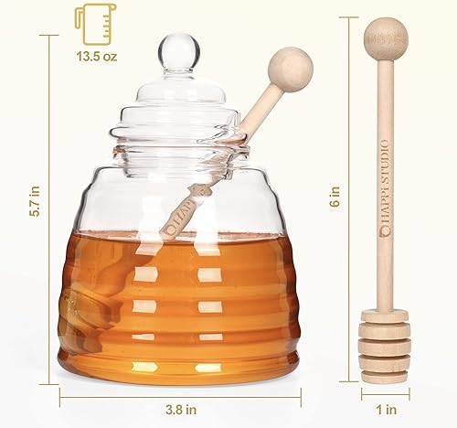 Vista 4 de Tarro de miel de vidrio con 2 cucharas – Dispensador de miel para té, café y desayuno – Honeypot transparente con tapa – Elegante recipiente de miel
