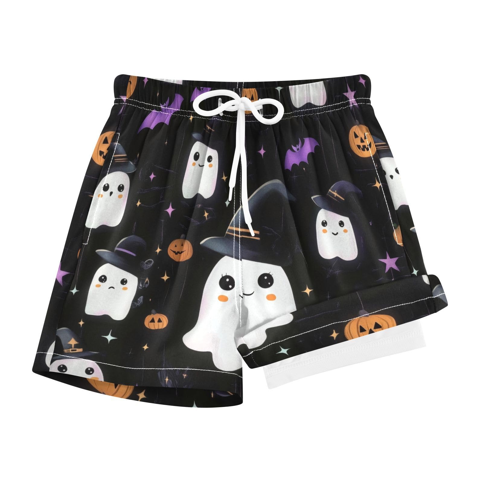 FLildon Halloween Funny Ghosts Boys Swim Trunks with Compression Liner Quick Dry Bathing Bottom Kids Beach Shorts, 12-13 Years