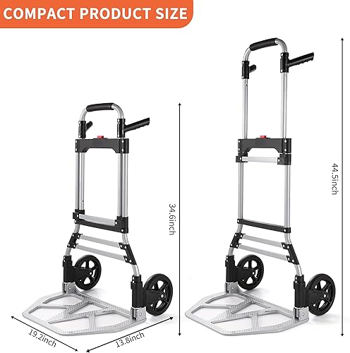 Miniatura 2 de Carro de mano plegable, carretilla plegable portátil de aluminio plateado con asas de polea plegable de 2 posiciones, capacidad de carga de 330