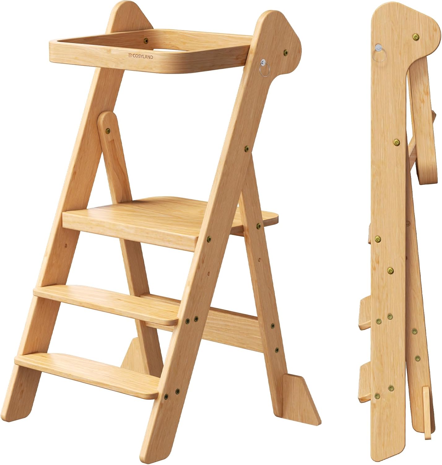 COSYLAND Foldi Foldable Toddler Kitchen Stool - Adjustable Height Toddler Standing Tower with Net & Safety Feet, IF Award-Winning Wooden Learning Step Tower for Kids Ages 18M-6Y, Natural