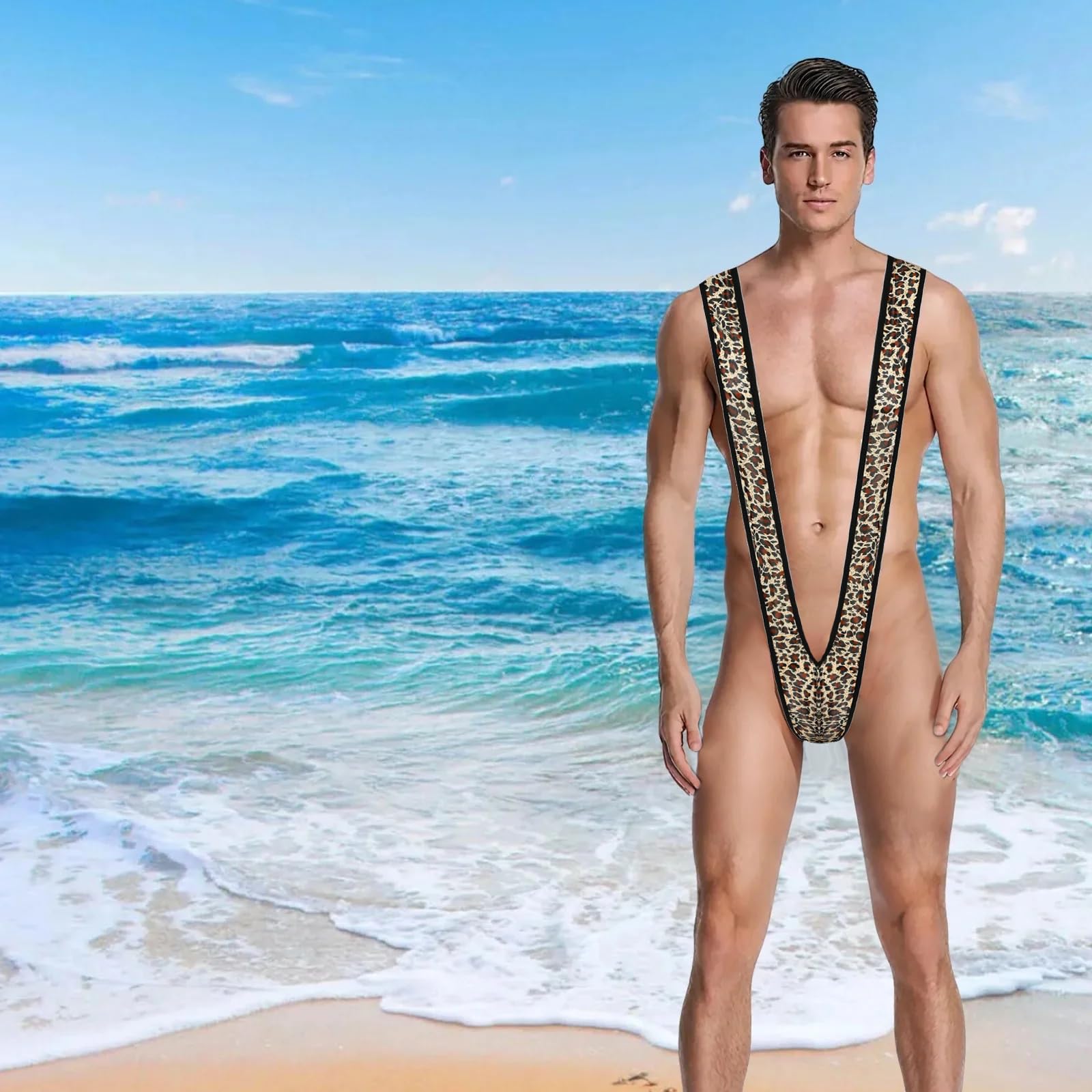 Borat Anzug Männer, Herren String Leopardenmuster Mankini, V-Form Slip Männlich Badeanzug, Lustiger Party-Kostüm Bikini, Tanga Badehose Herren