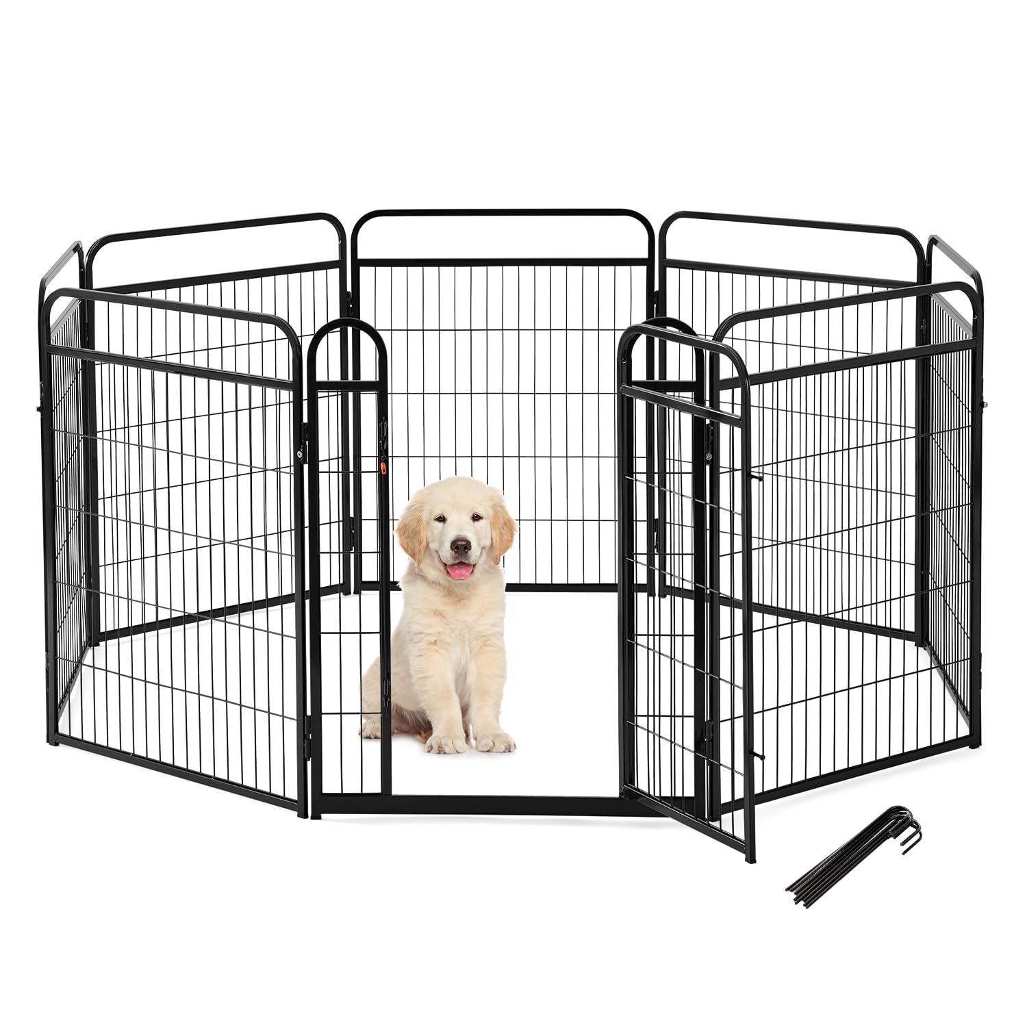 Dog Play Pen Indoors - 8 Panels 32" Playpens Indoor Safety Design Without Stakes, Threshold Free Door Ease to Access, Portable Fence Ground Anchors for Outdoor, Yard and RV Camping