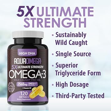 5X Ultimate Strength Omega 3 Fish Oil Supplements with High DHA and EPA Omega 3 Fatty Acids, Fish Oil Supplement with Vitamin D and No Fishy Aftertaste, 120 Softgels