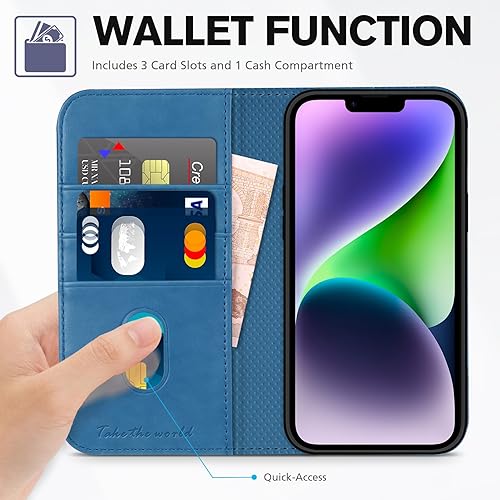 Miniatura 7 de TUCCH Funda tipo cartera para iPhone 14 de 6.1 pulgadas, piel sintética de alta calidad con bloqueo RFID, ranura para 3 tarjetas, diseño de libro
