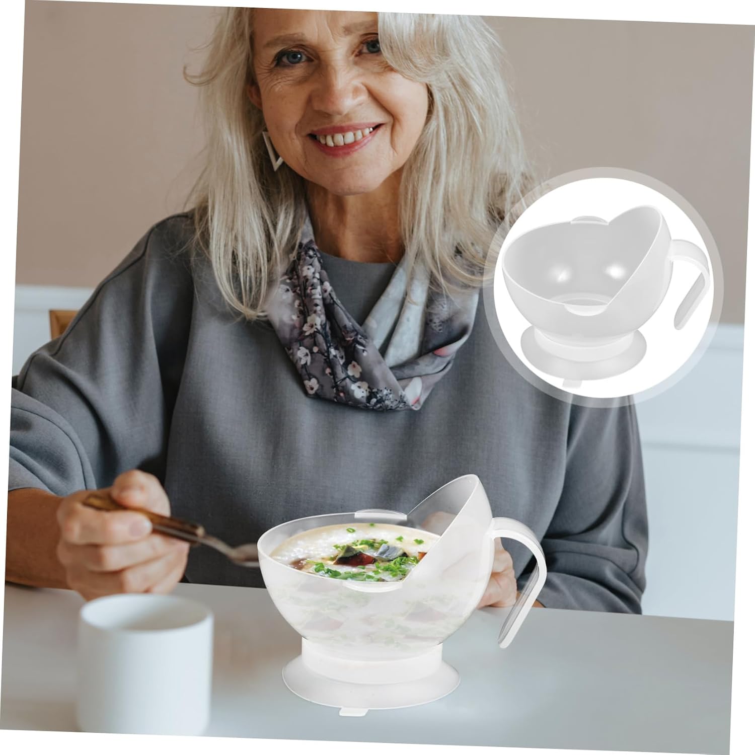 Adaptive Silicone Elderly Bowl, Nonslip White PP Dining Aid