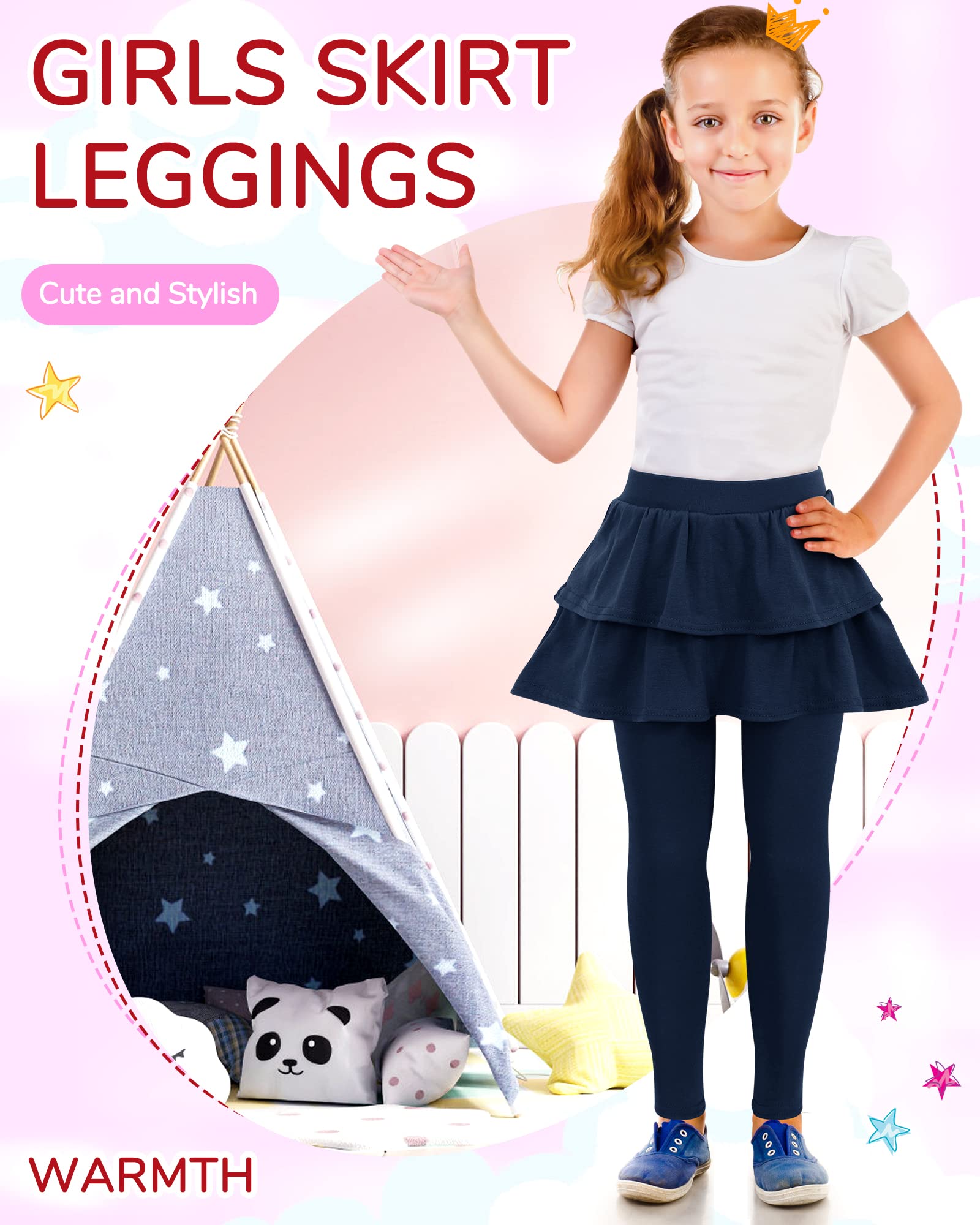 Taiyin Confezione da 5 leggings in cotone con volant, tutù, leggings senza piedi, con gonna, uniforme scolastica, per ragazze, autunno inverno