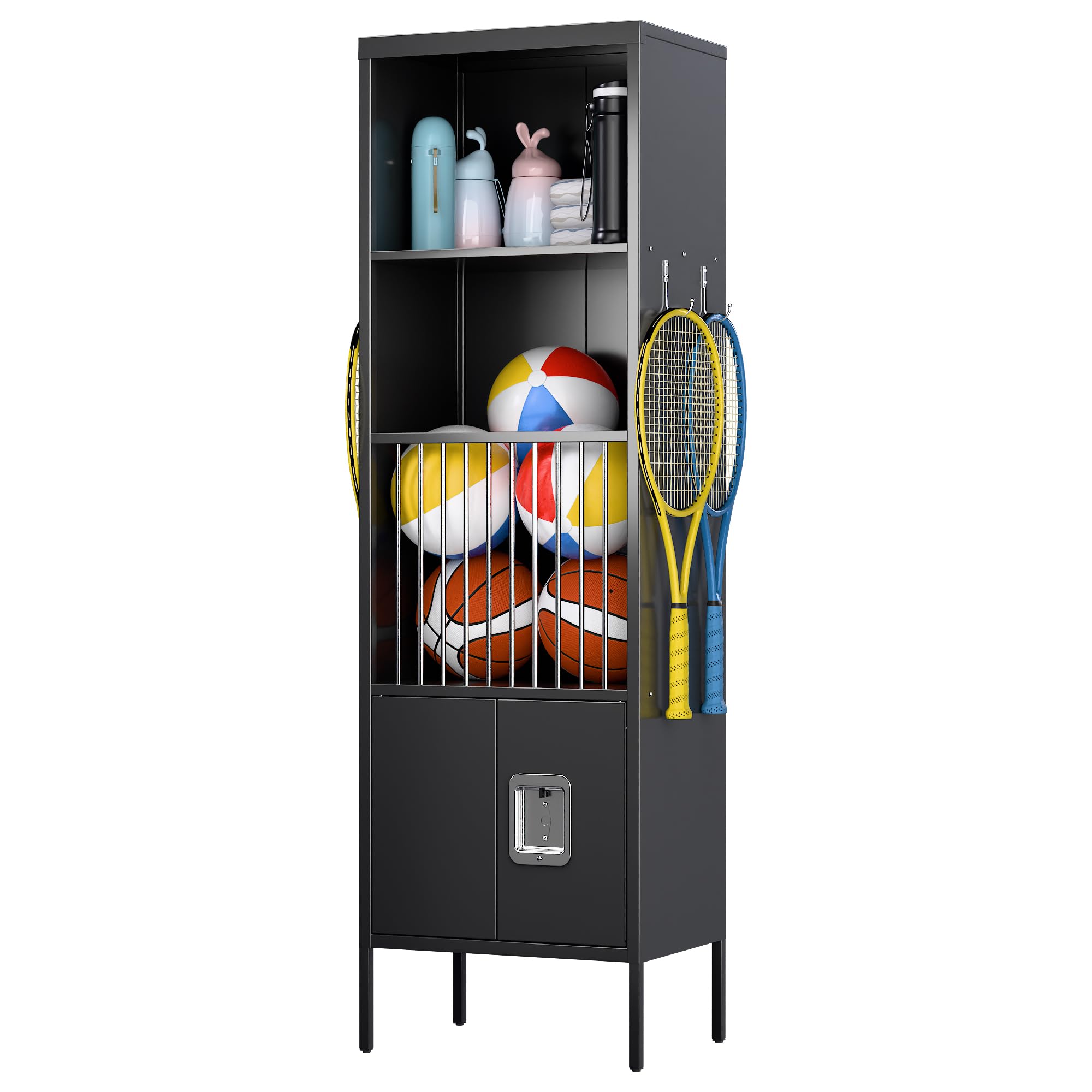 Aobabo 72" H Metal Sports Lockers for Stores Sports Gear Footballs, Rugby Balls and Tennis,Storage Lockers for School, Gym, Black, Assembly Required