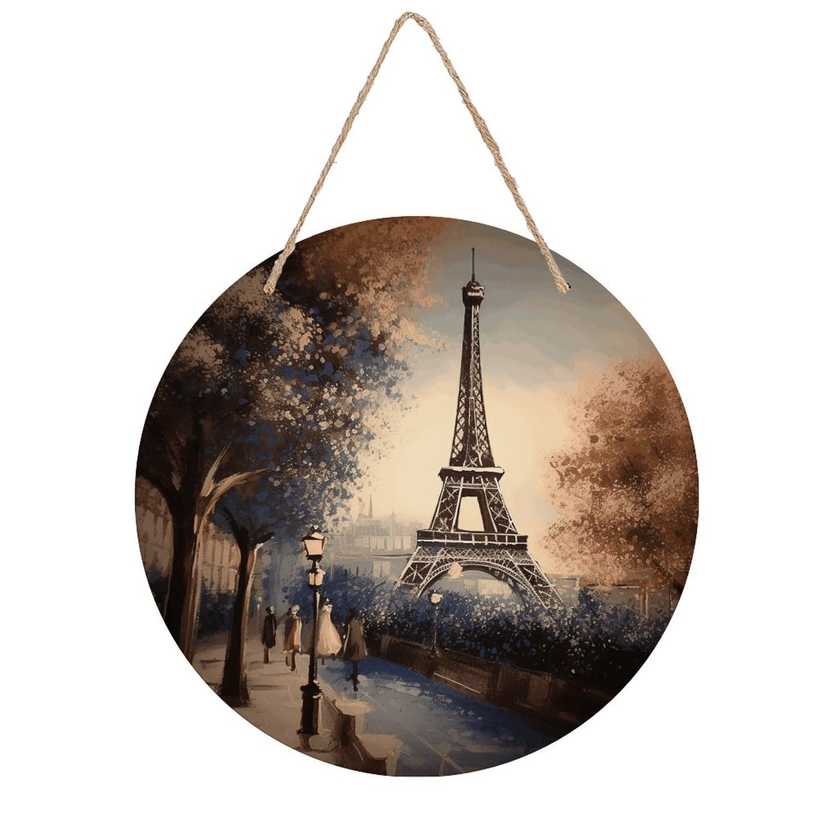 VstaDank Romantic Paris Eiffel Tower Wooden Wall Art Decor Round Wood Plaque Wooden Door Hanger Sign with Hole And Hanger Rope Trend Wood Decorative Paintings for Home Outdoor Indoor 7.87 Inch