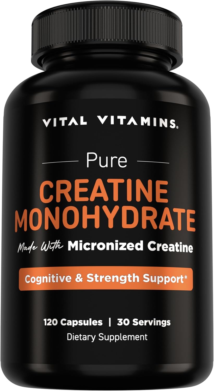 Vital Vitamins Creatine Monohydrate Pills for Women & Men - Micronized Creatine Capsules - Cognitive, Strength, Recovery Support - 3g (3000mg) per Serving - Vegan, Non-GMO, 120 Count
