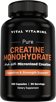 Vital Vitamins Creatine Monohydrate Pills for Women & Men - Micronized Creatine Capsules - Cognitive, Strength, Recovery Support - 3g 3000mg per Serving - Vegan, Non-GMO, 120 Count