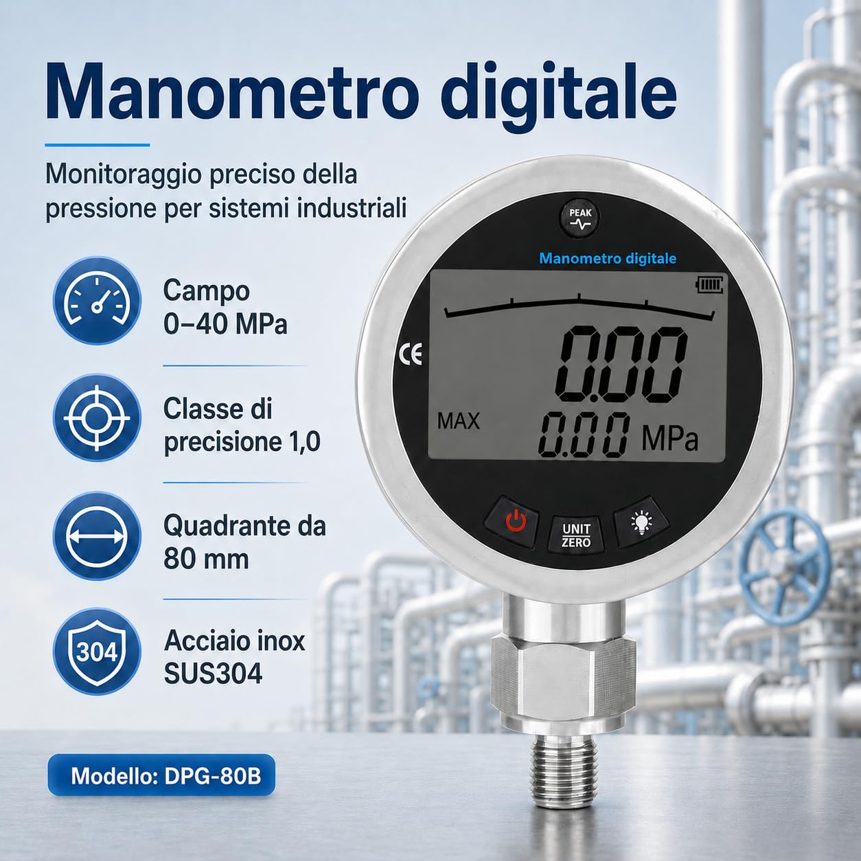 Manometro 0-400 bar, 0-40 Mpa 0-5800 psi Mini Digitale con connettore G1/4 per Aria, Acqua, Olio