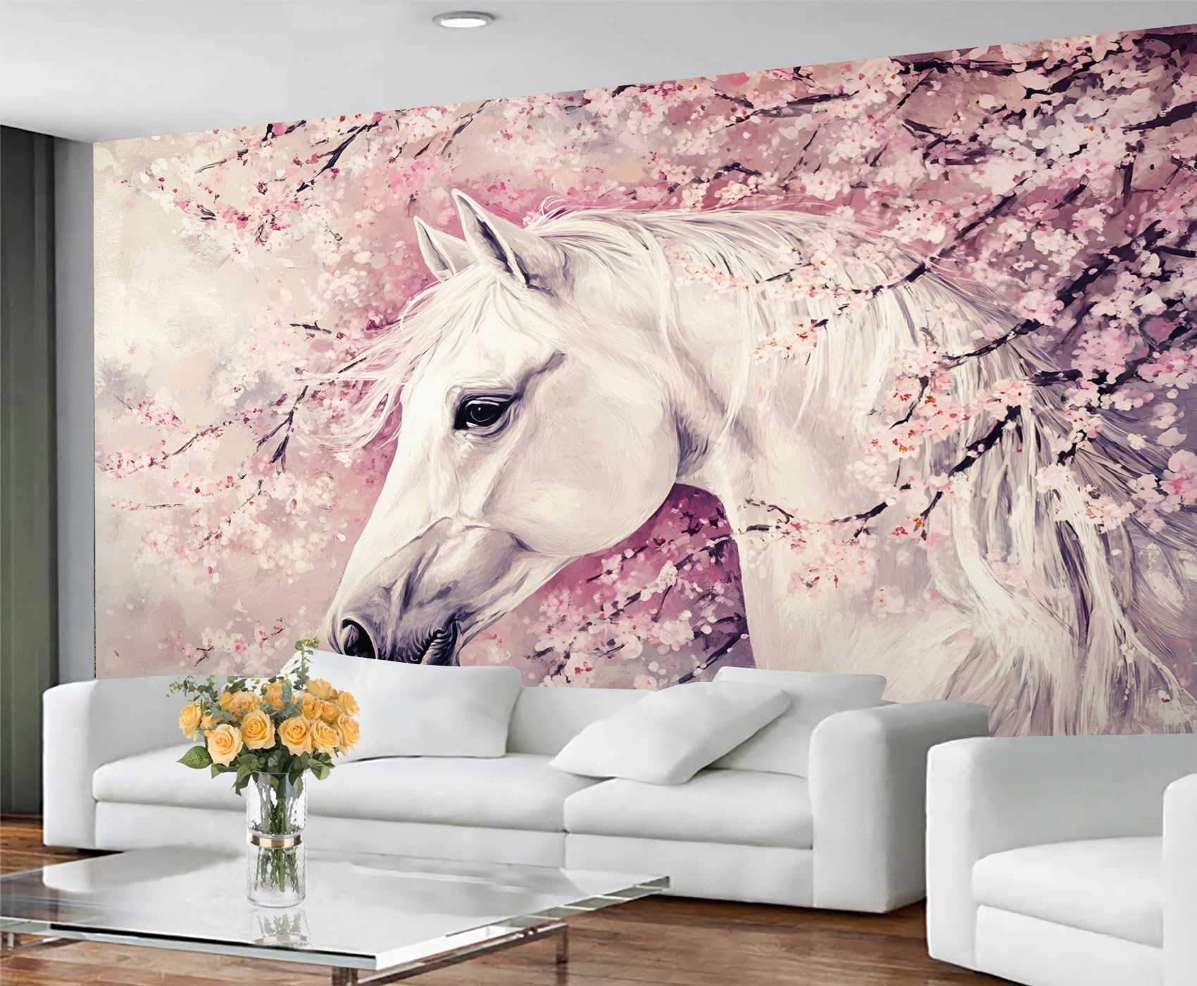 GIVLWF Wallpaper - Girl Horse Home Decor & Mural, Self Adhesive Wallpaper for Living Room, Pink Florals Wall Mural, White Horse Bedroom Wall Paper, Peel and Stick — image 1