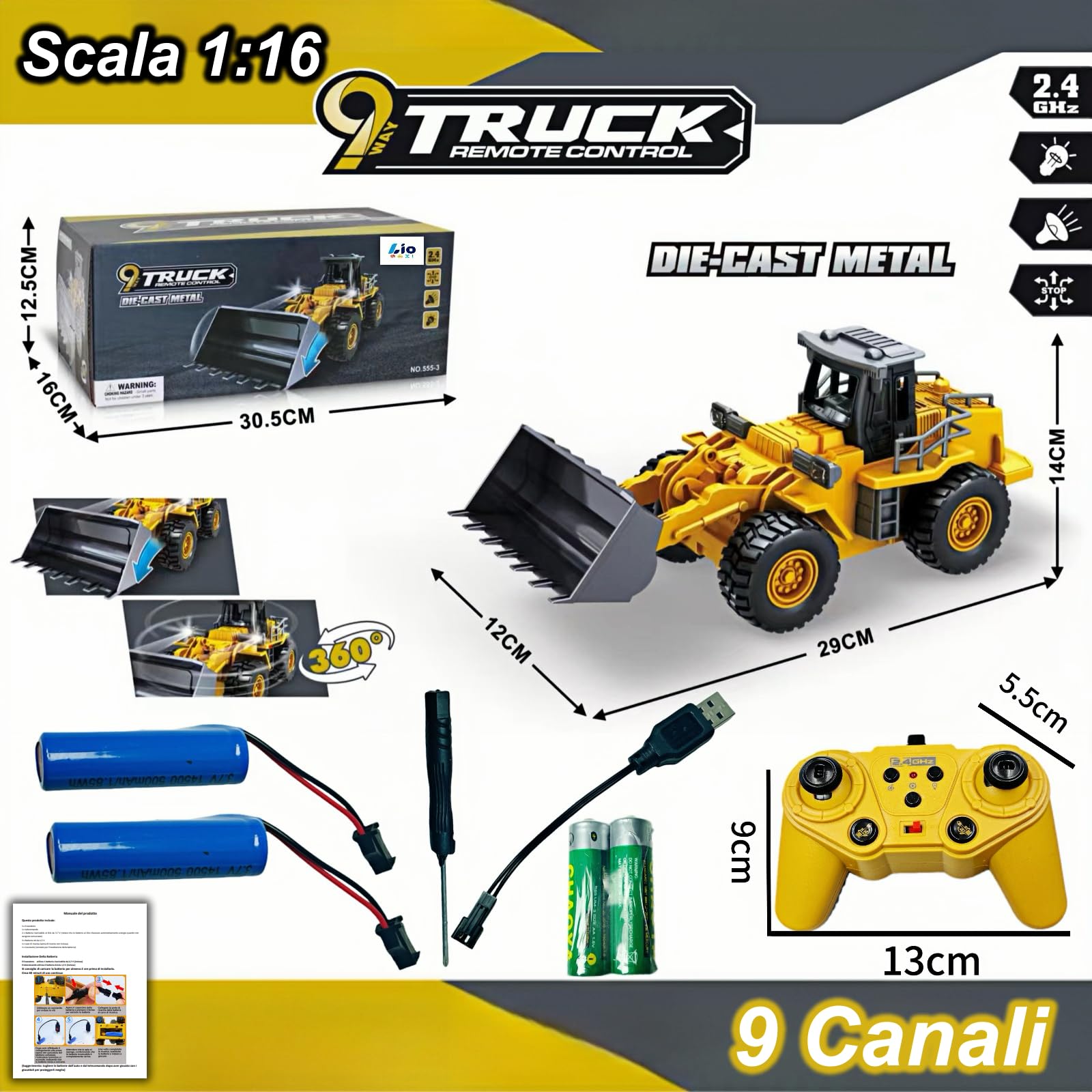 9 Canal 1:16 cuatro ruedas Bulldozer teledirigido juguete, con luces y sonido, pala de metal, mando a distancia inalámbrico, cargador frontal con mando a distancia, para regalos para niños