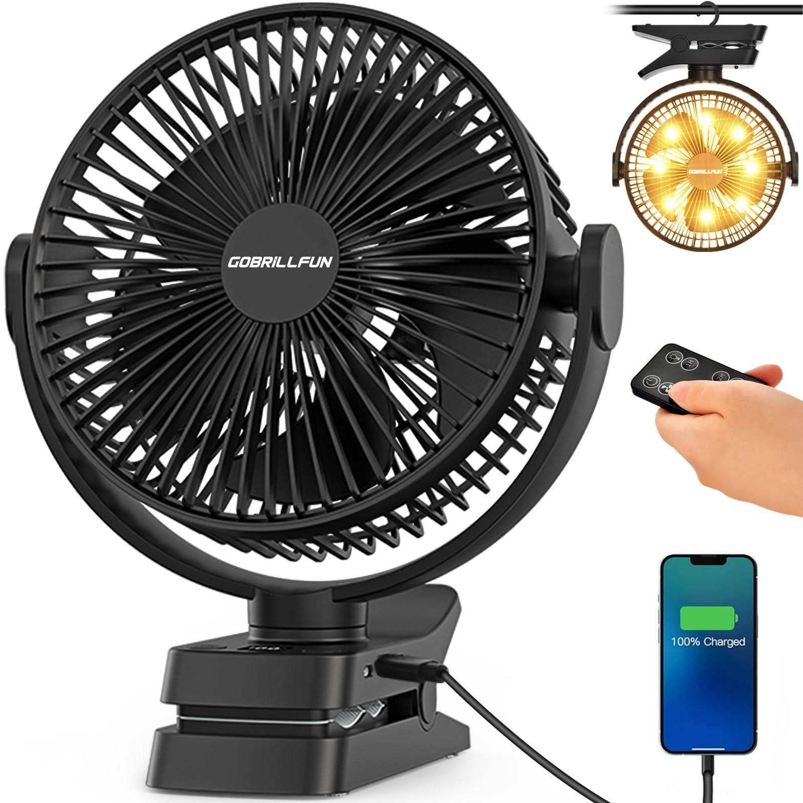 GOBRILLFUN Ventilatore a clip da 12000 mAh con telecomando, ricaricabile tramite USB con luci LED, ventilatore a batteria con 5 velocità per ufficio, viaggi all'aperto, campeggio, tenda (8,3 pollici)
