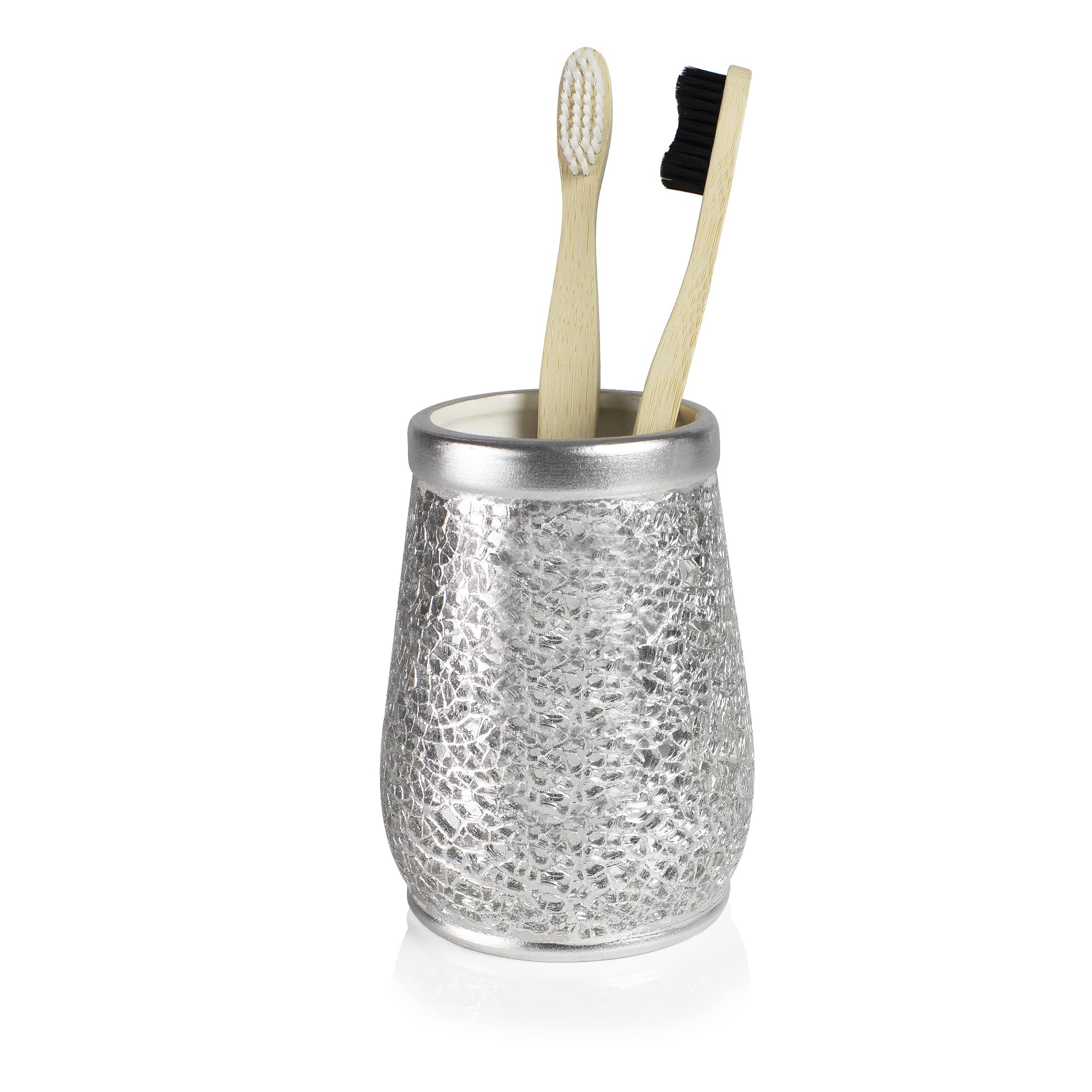 Vaso Cepillo Dientes baño | Serie Trencadis Plata | Resina y Cristal | Color Plata | para baño o Cocina | 8 cm ∅ x 12 cm Alto