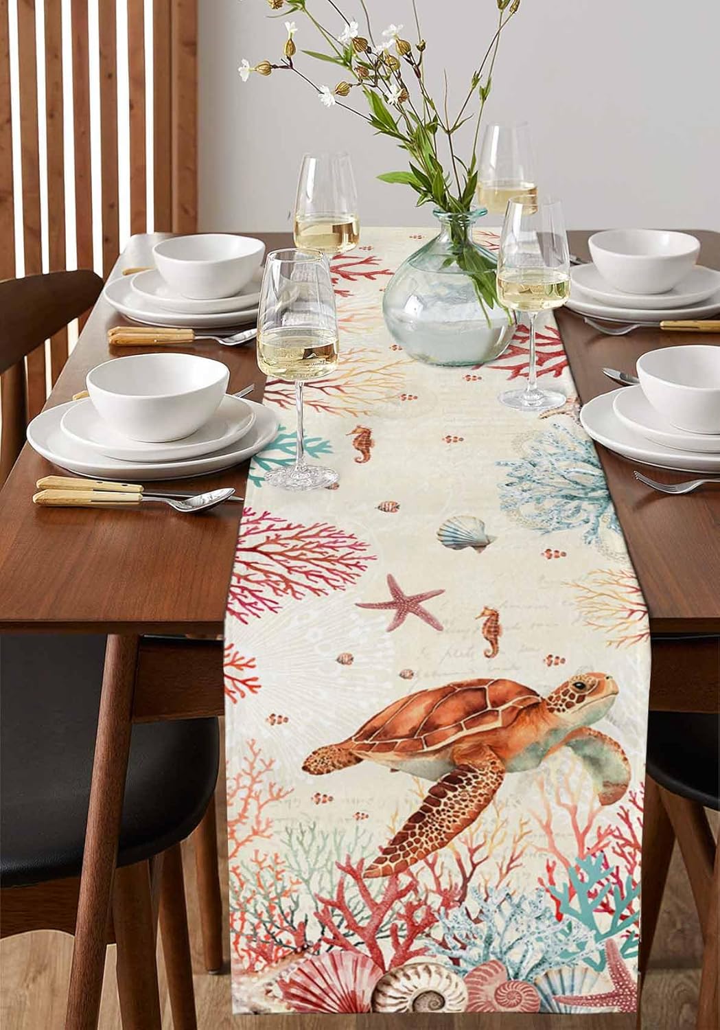 Red Sea Turtle Table Runner - 72 Inch Long Ocean Beach Coastal Nautical Coral Cotton and Linen Blended Dress Scarves Farmhouse Table Runner for Kitchen Dining, Coffee Table, 18" x 72"