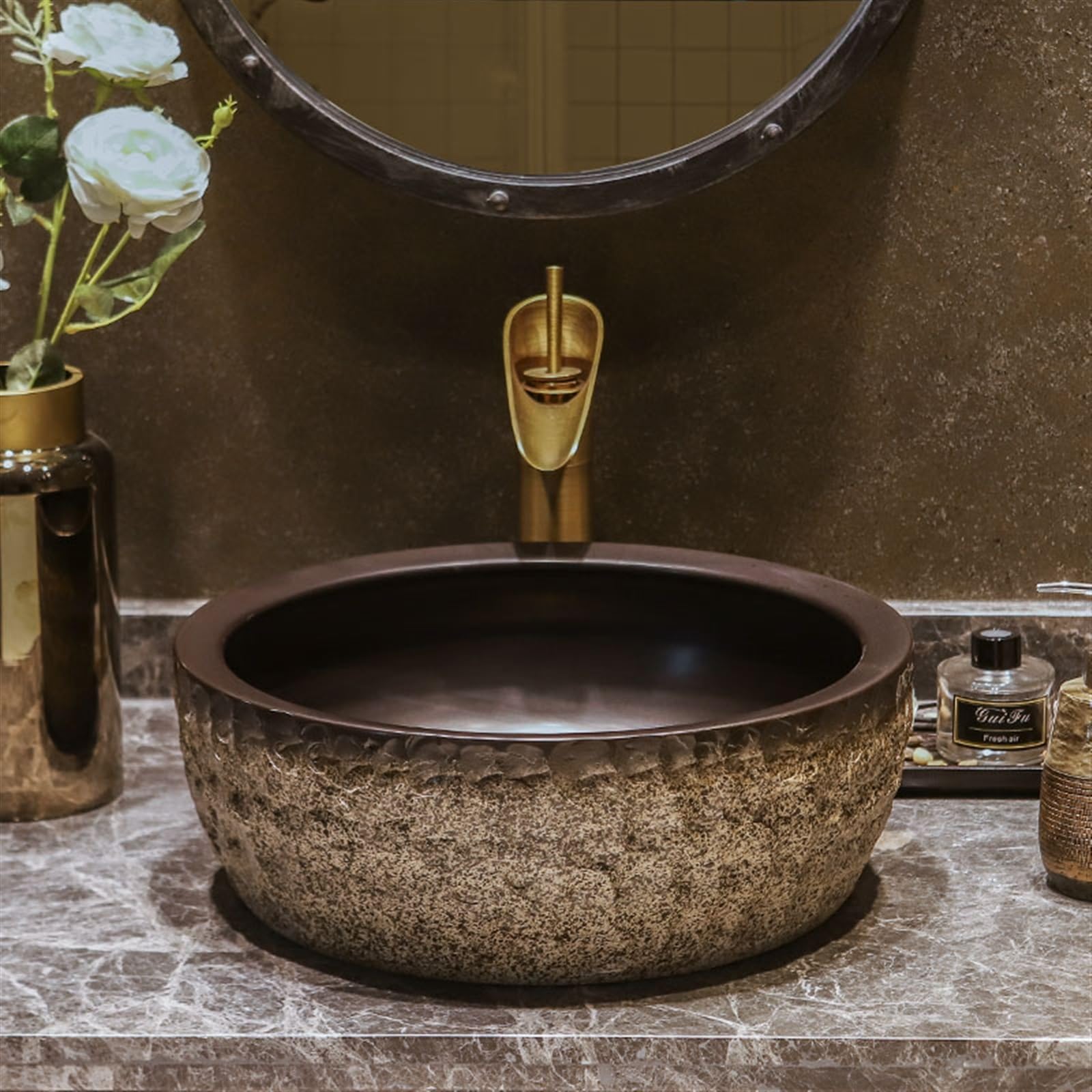 Antikes, rundes Keramik-Handwaschbecken mit Steinmuster – Tiefes Waschbecken mit Zubehör für Gäste-WC und Balkon Design.