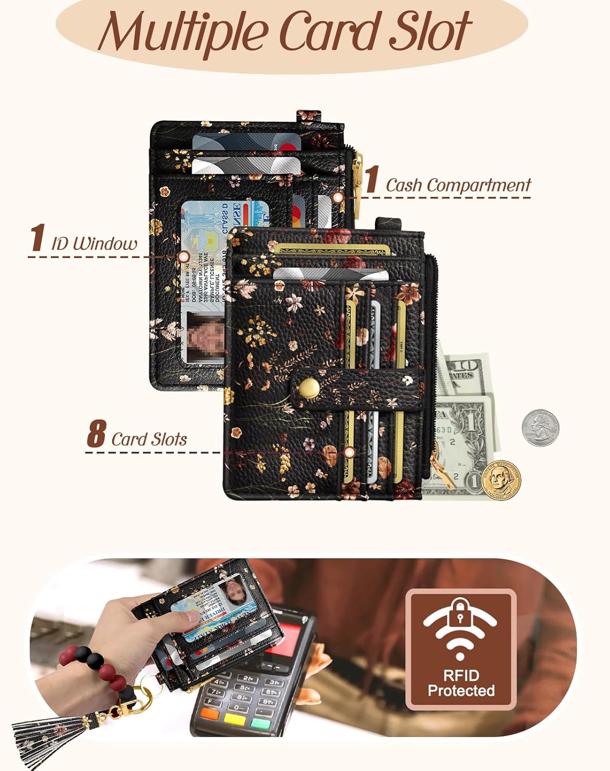 Bistup Wallet Keychain Wristlet for Women - Credit Card Holder Wallets Key Chain Ring Cute Design Slim Small RFID Coin Pocket Purse for Ladies Teen Girls Fashion BK Grow Flower - Image 4