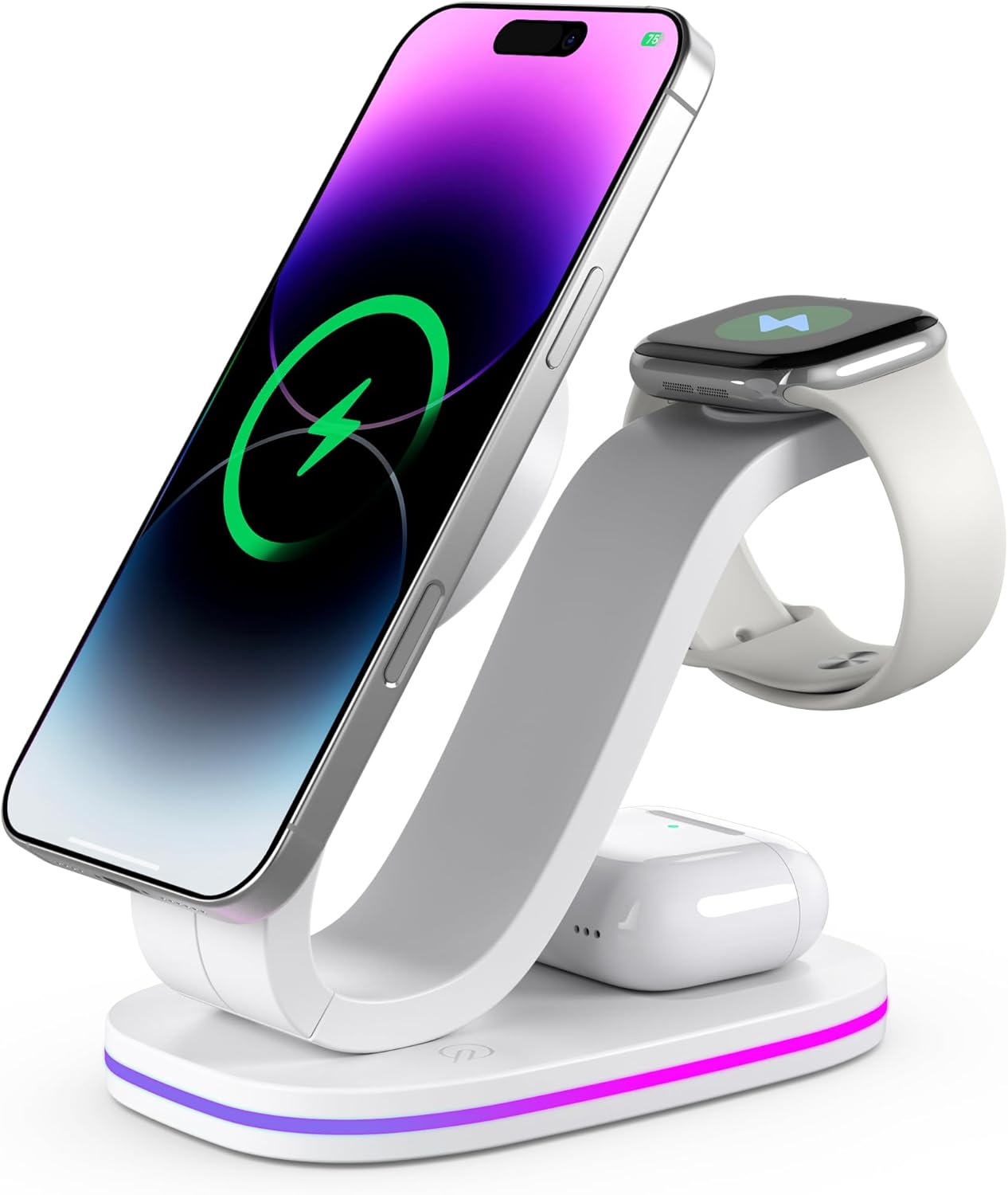 4-in-1 Wireless Charging Station, Qi2 15W Charger Station for iPhone 17/16/15/14/13/12 Series, Watch Airpods 1-8/Ultra, iPad, AirPods (White 4 in 1)