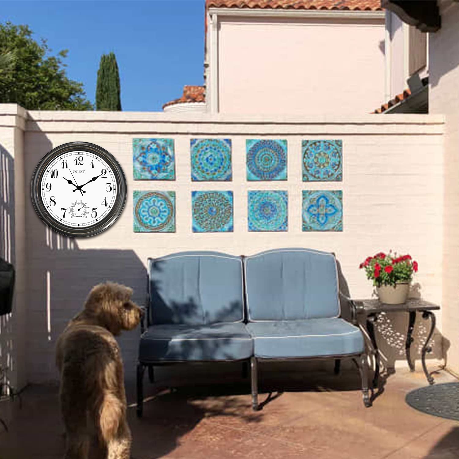 OCEST Grande horloge murale d'extérieur et d'intérieur,Étanche,Avec thermomètre,Résistante aux intempéries,Sans tic-tac,À piles,Pour terrasse, piscine, lanai, clôture, porche, salle de bain,40.6 cm