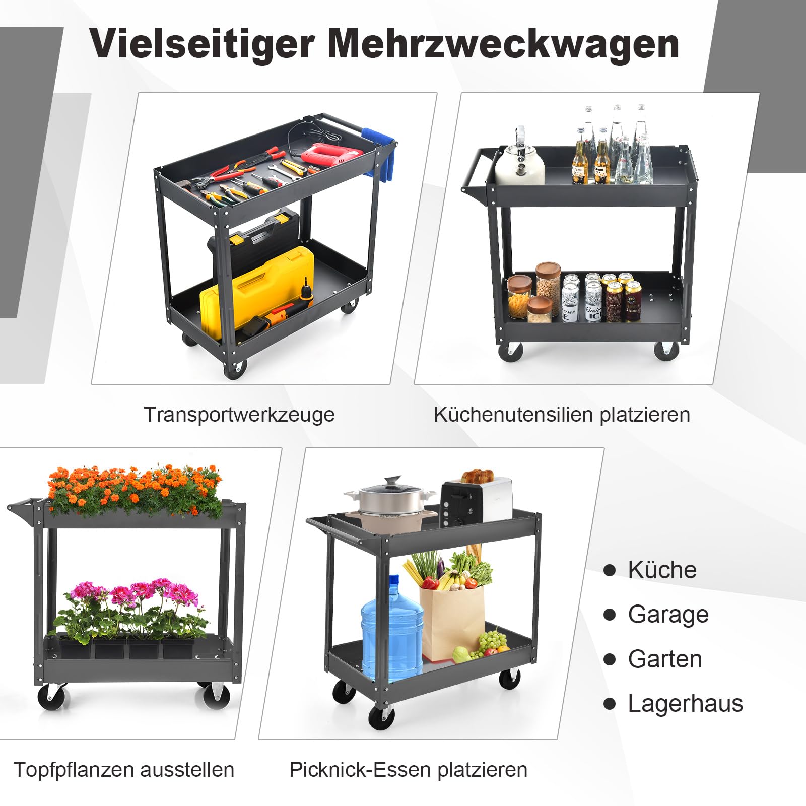 COSTWAY Werkstatt-Rollwagen mit 2 Etagen, Werkzeugwagen mit Handgriff, Werkstattwagen aus Metall, bis zu 100 kg belastbar, Montagewagen Etagenwagen für Zuhause, Garage, 85 x 41 x 79 cm (Schwarz)