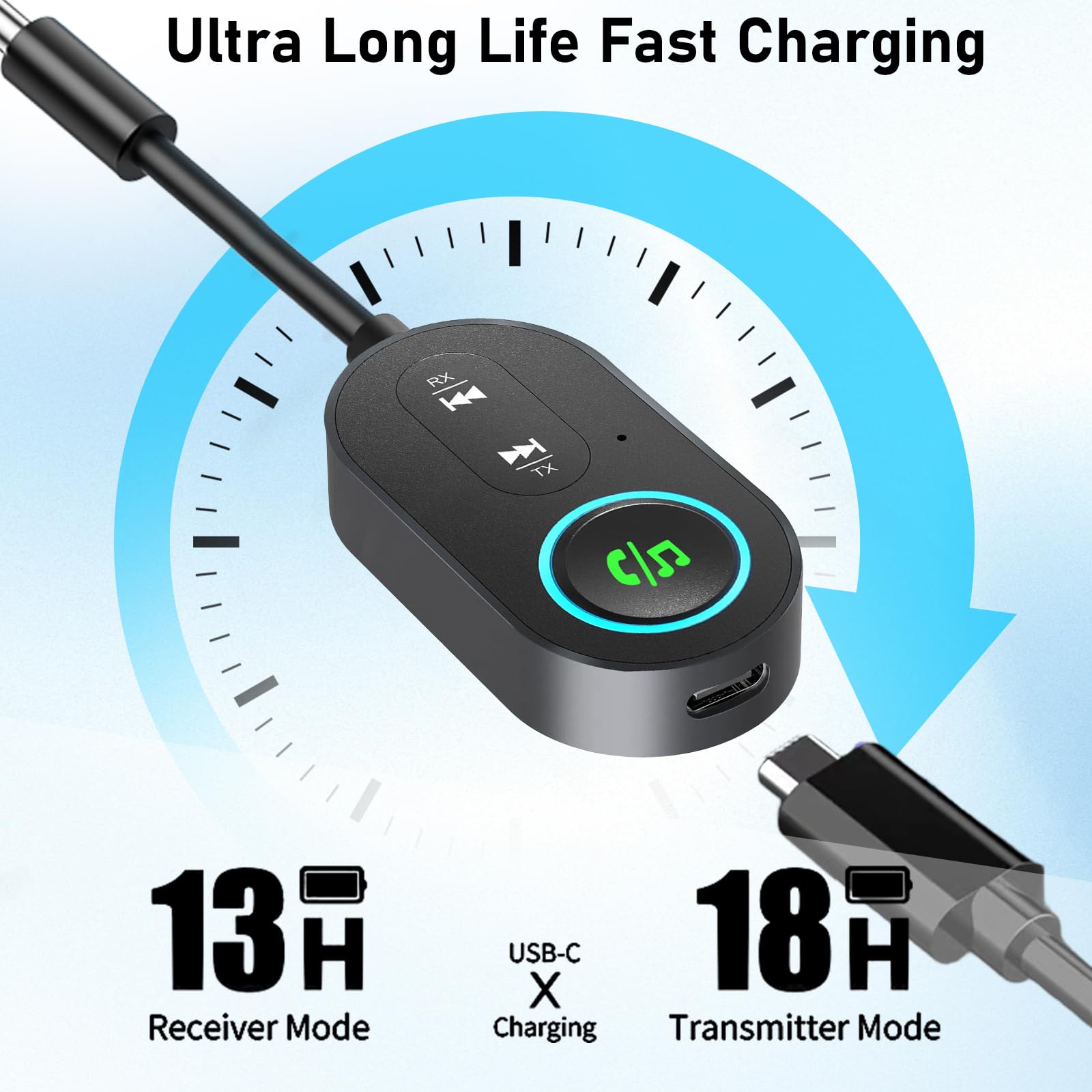 Ticenpe Receptor transmisor Bluetooth 5.3, conector dual para aviones, micrófono para llamadas, adaptador auxiliar 2 en 1 Bluetooth para auriculares, altavoz y coche — view 6