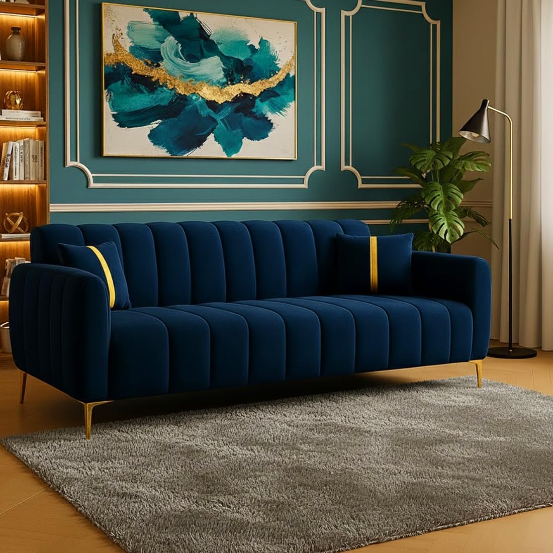 Furny Harmon 3 Seater Fabric Sofa Set (Blue) | Soft Velvet Fabric | Modern Design | Comfortable Seating | Living Room Furniture-image-47