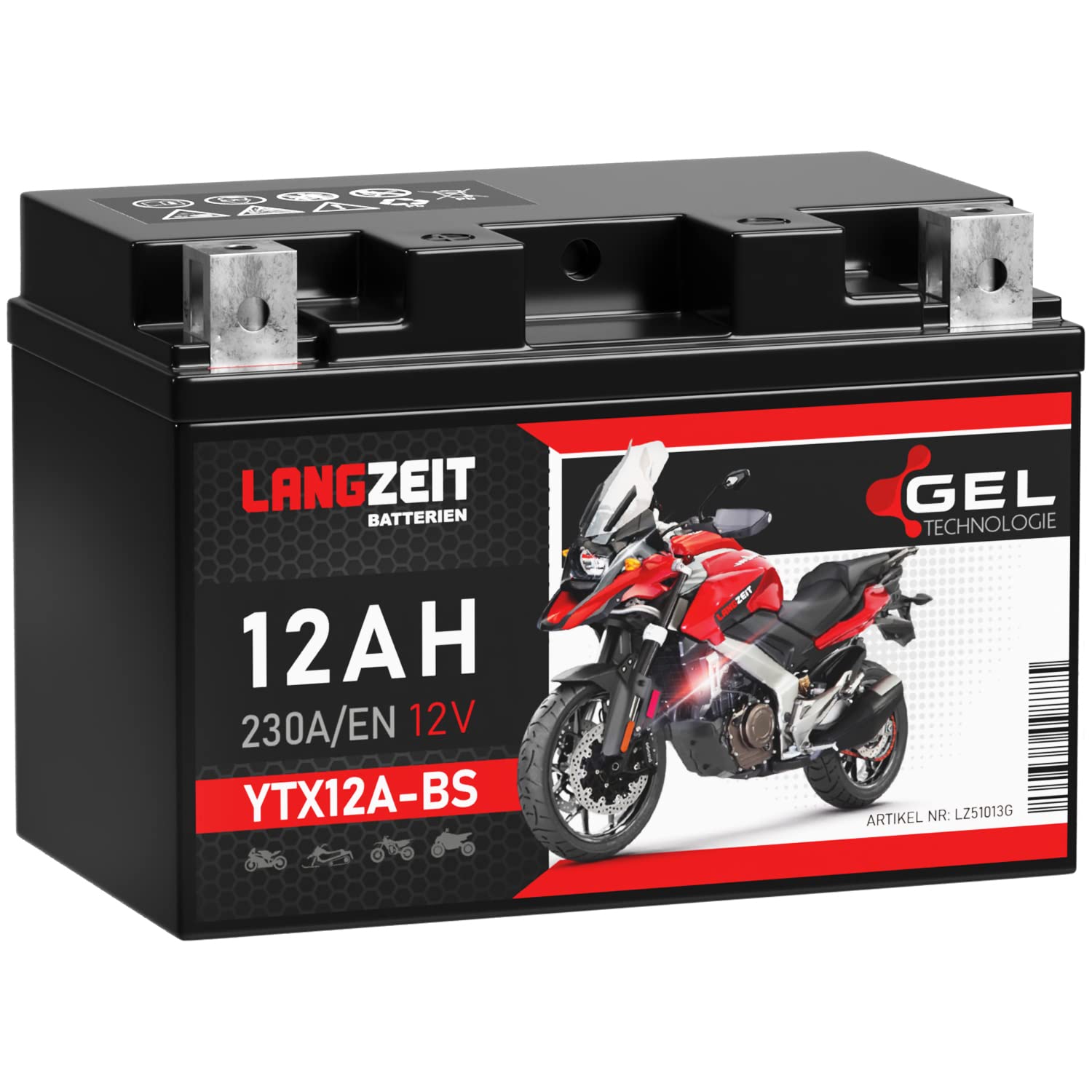 LANGZEIT YTX12A-BS batteria moto 12V 12Ah GEL YT12A 51013 sostituito 10Ah