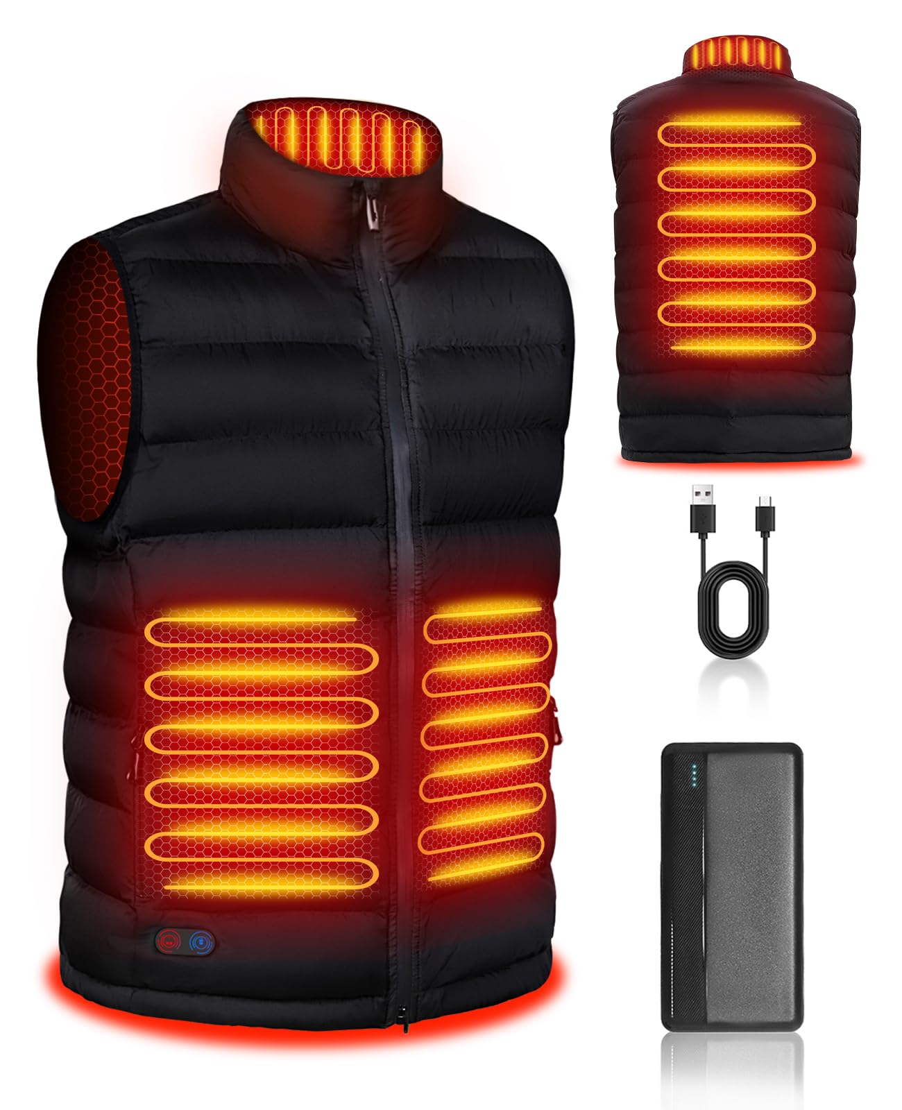Beheizbare Weste - heizweste herren mit Akku - USB-Heizung mit 10000mAh Powerbank - 4 Zonen-Heizung mit 3 Temperaturstufen - elektrische Wärmeweste für Winterwanderungen - maschinenwaschbar