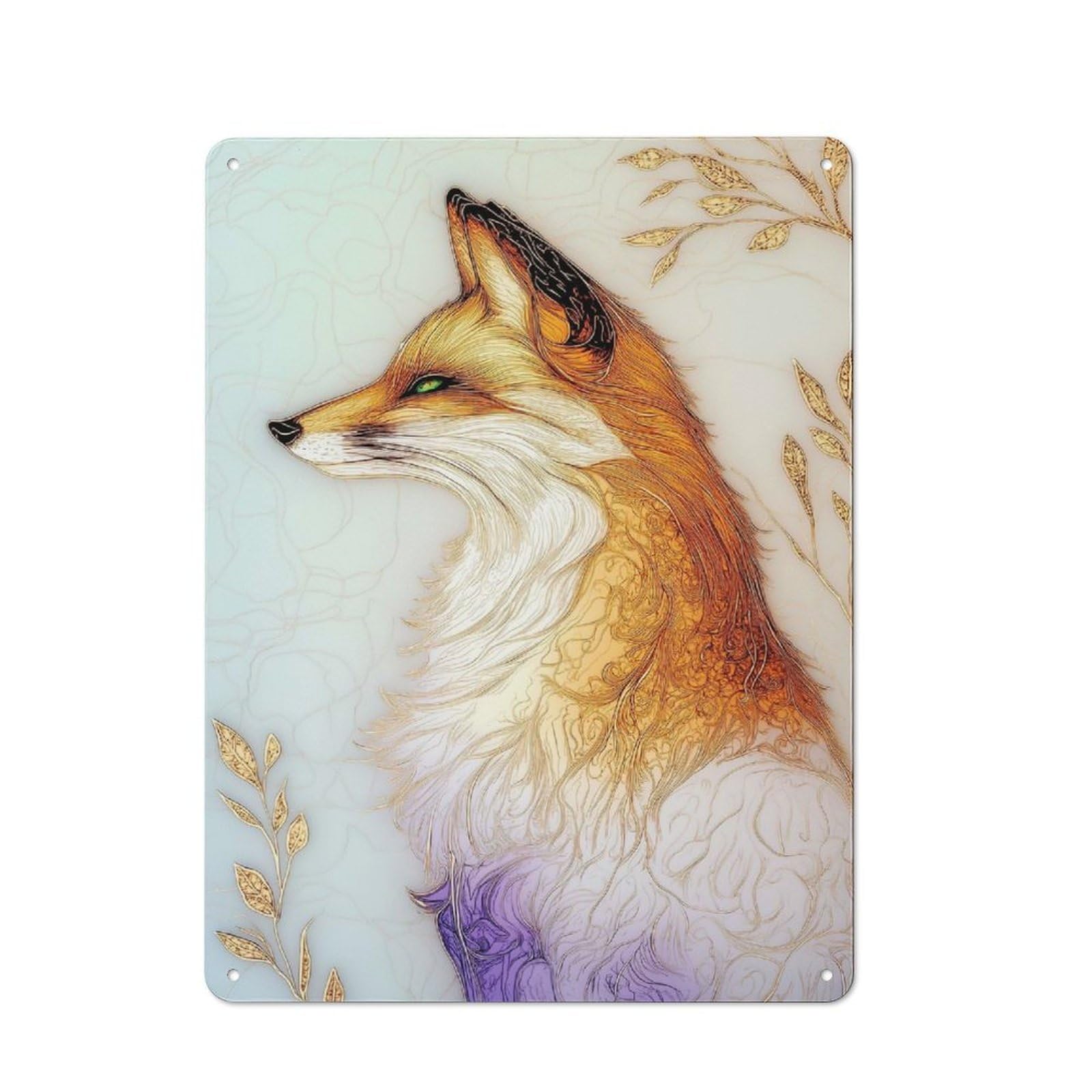 Vintage Elegant Fox Portrait with Golden Accents Metal Plaque 40x30cm, Diner Style Decor for Bakery, Diner, Cafe Or Family Room