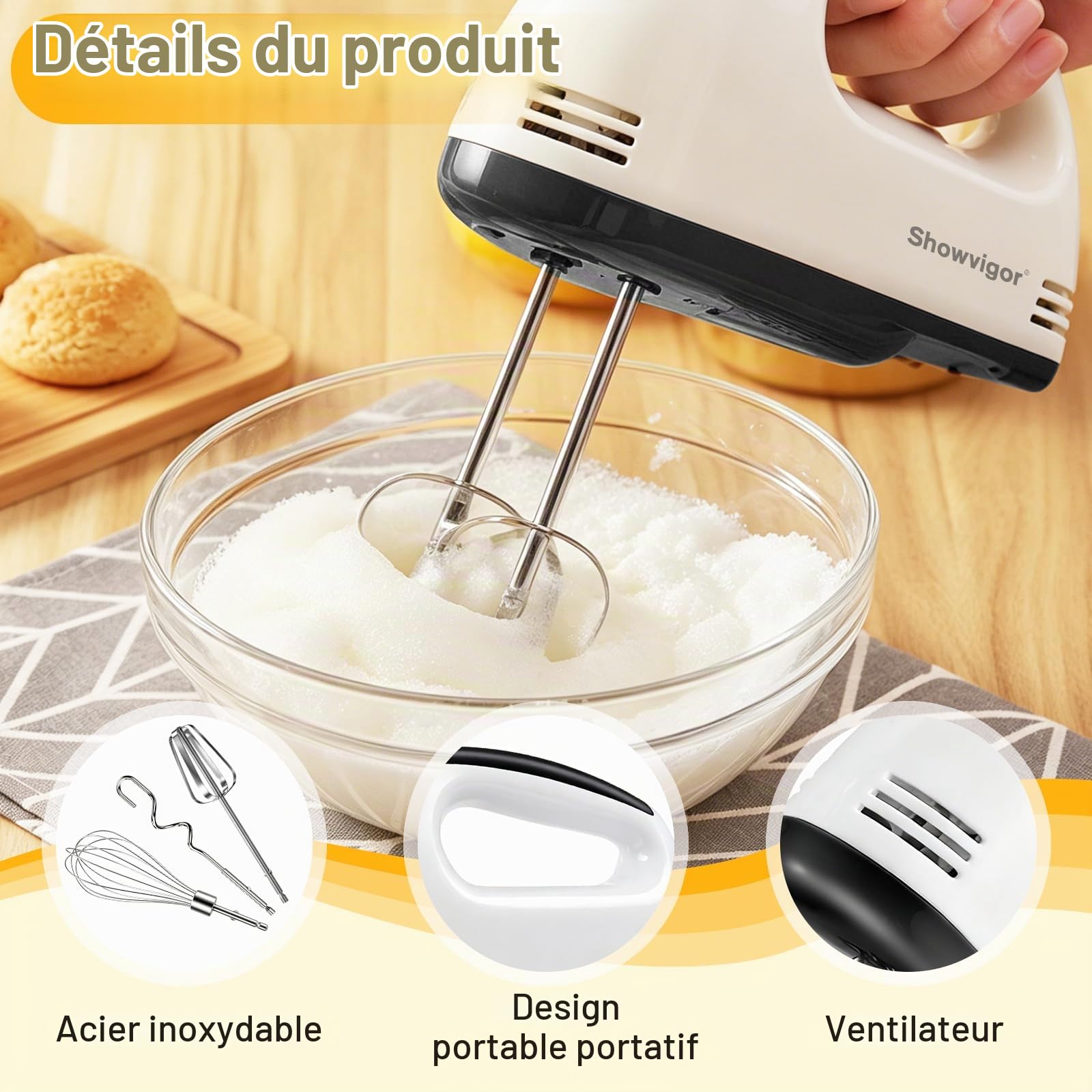 Batteur Electrique Cuisine 300W, 7 Vitesses Réglables | Fouet Electrique Portable avec 1 Fouet 2 Batteurs et 2 Crochets en Acier Inoxydable, Idéal pour Gâteaux Confitures et Crème