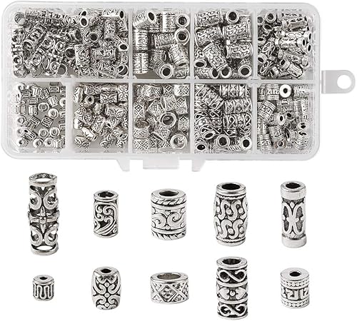 KISSITTY 300 unidades/caja de cuentas espaciadoras de columna de plata antigua tibetana con dije de tubo para barba para hombres de 0.177 in a 0.709