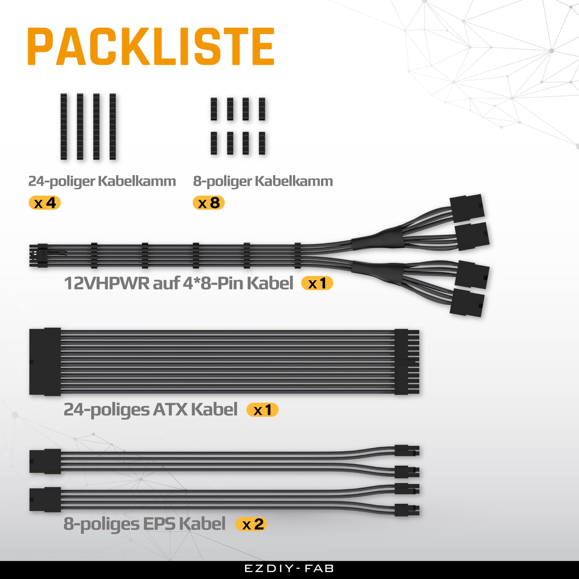 EZDIY-FAB Kit de câble gainé PCIE 5.0 12VHPWR,Extension de câble d'alimentation 16AWG,PC PSU Sleeved Cable,24PIN-ATX/(4+4) PIN-EPS/(12+4) PIN to 4X 8PIN PCIE-RTX4090/4080/4070Ti Câble d'extension-Noir