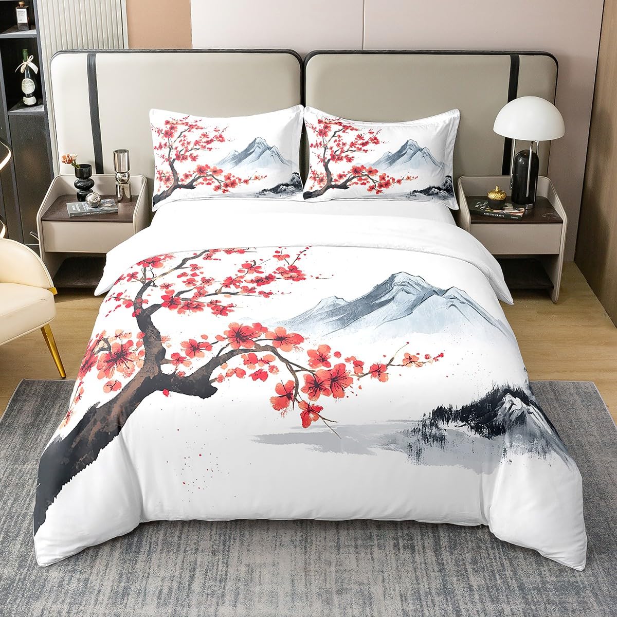 Japanischer Stil 100% Baumwolle Bettbezug 135x200,Japanischer Ukiyo E Tröster Bezug für Bett,Kirschblüten Blumen Weiche Bettwäsche Set für Kinder Teens,Hügel Blumen Botanische Bettbezug
