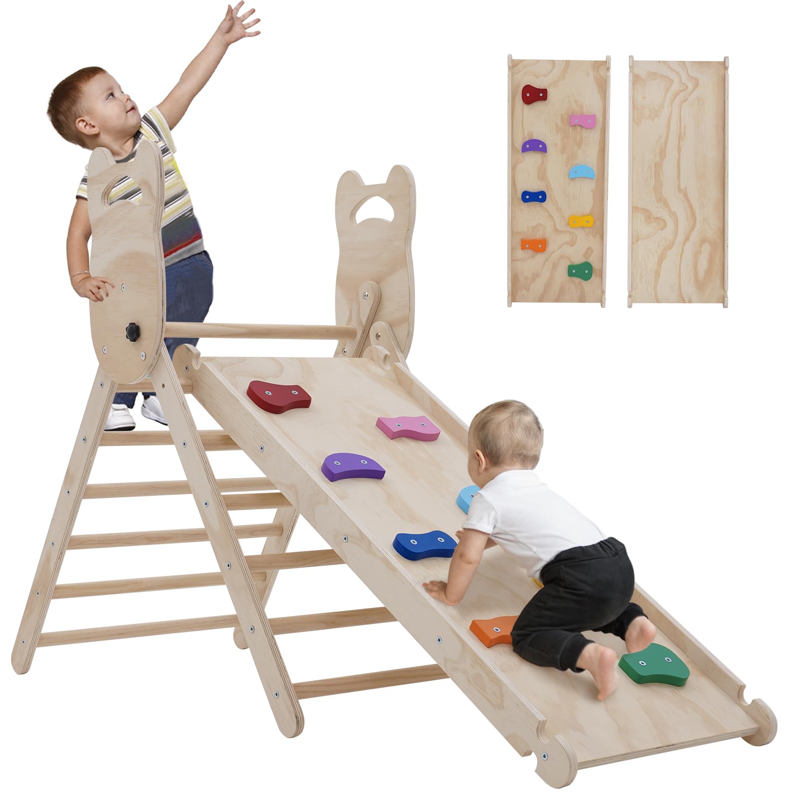 Ark miido Klettergerüst Indoor klettersteine 3-in-1 Montessori kletterdreieck mit Rutsche Faltbares Kinder Kletterbogen aus Holz Spielzeug pikler zum Rutschen & Klettern für Kinder ab 1 Jahr