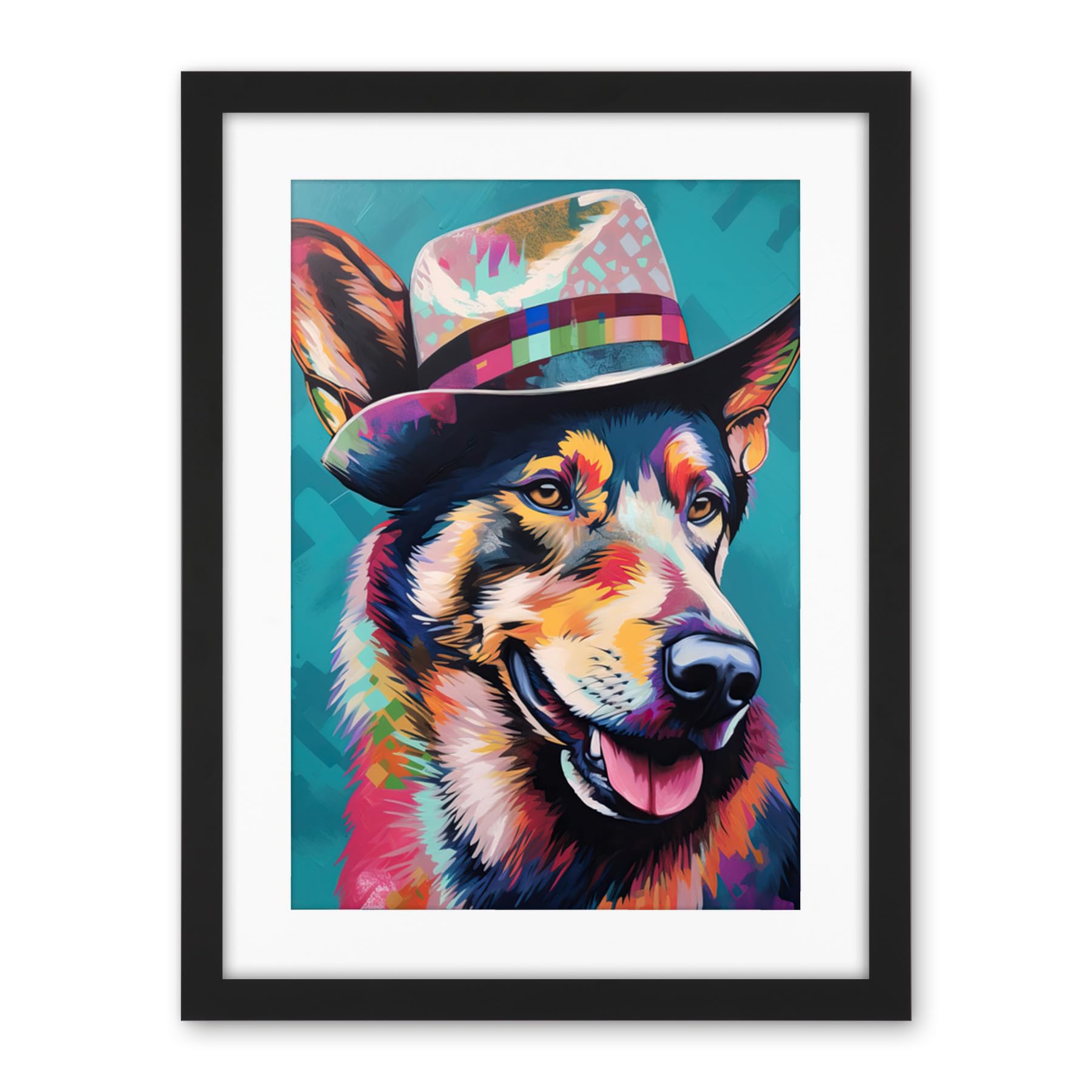 Artery8 German Shepherd with Fedora Hat Vibrant Portrait Artwork Framed Wall Art Print 18X24 Inch